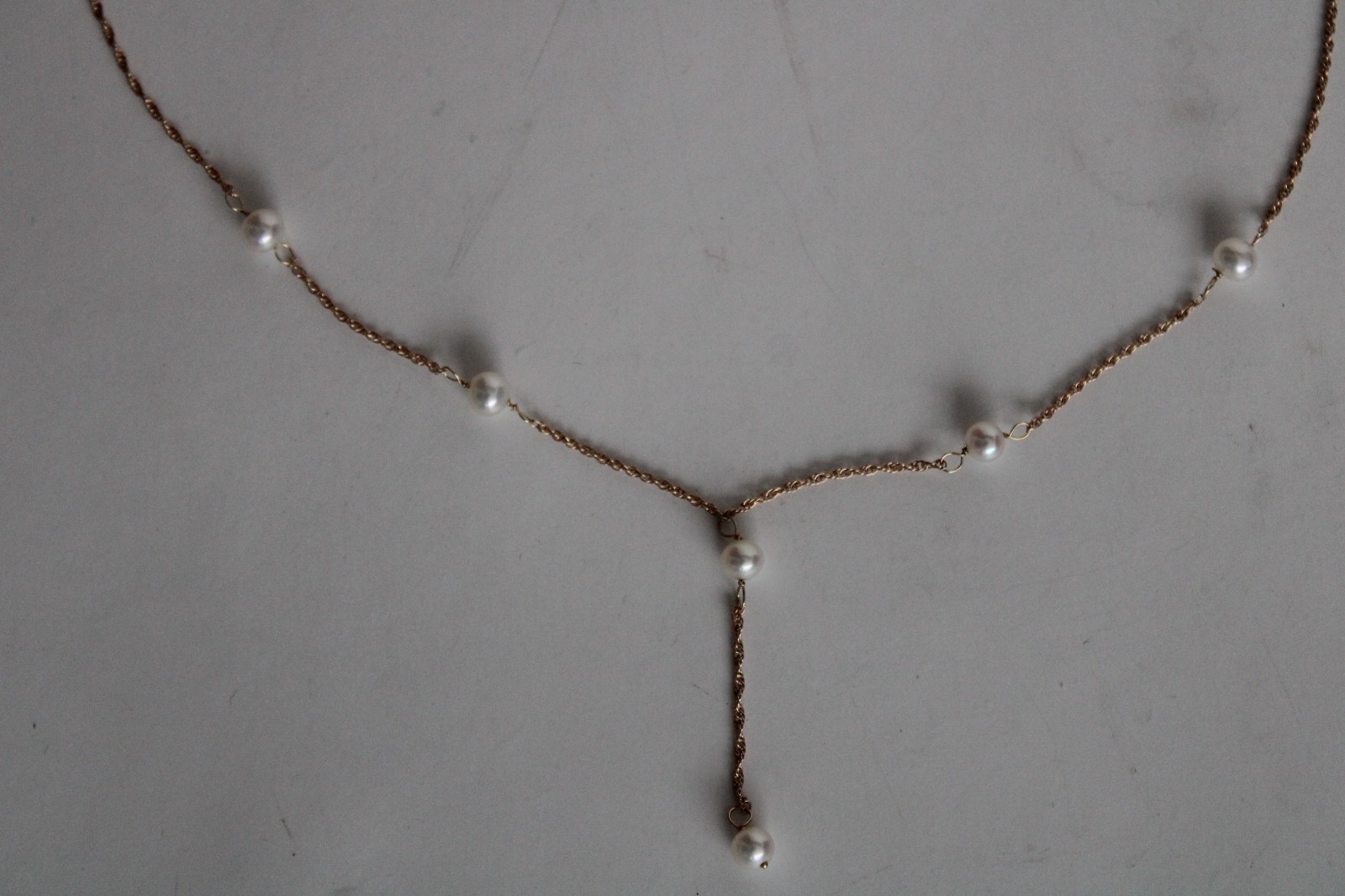 Vintage 14k Yellow Gold & Pearl Y Drop Dangle Necklace, HZ (16.25″)