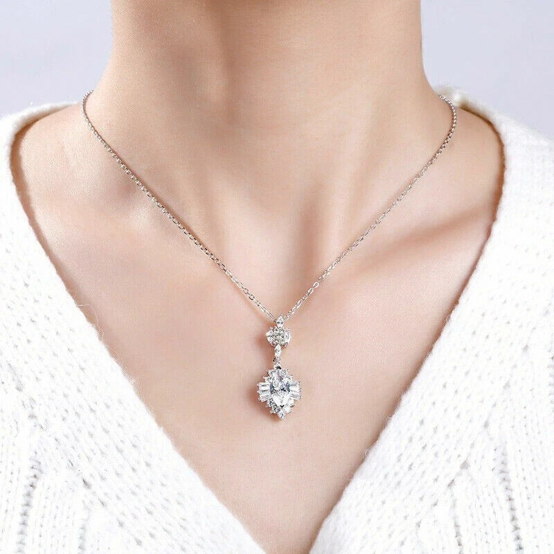 2Ct Marquise Cut Diamond Halo Pendant 14K White Gold Finish Free 18″ Chain
