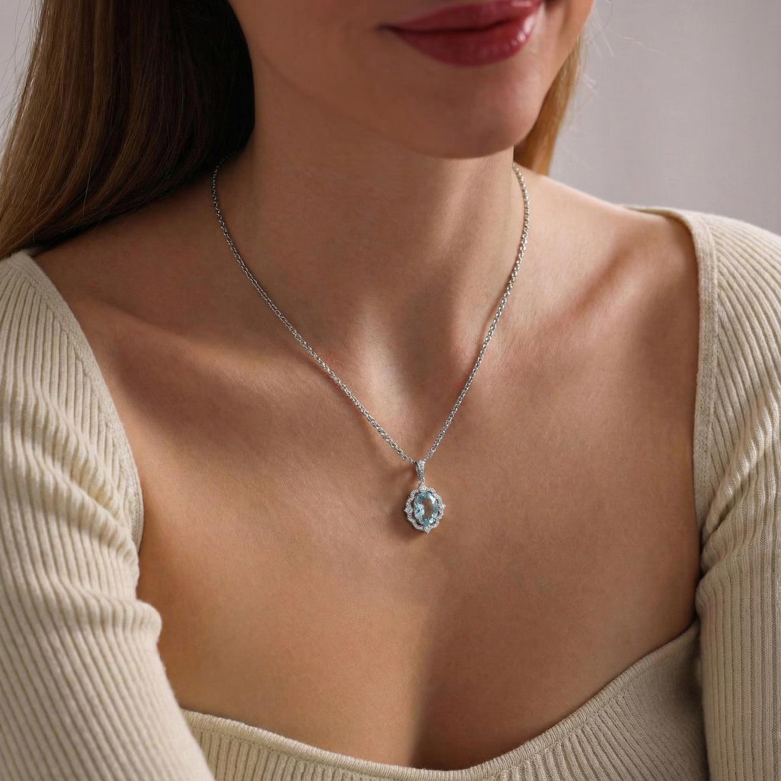 4.50 Ct Oval Cut Natural Aquamarine Diamond 14K White Gold Anniversary Pendant