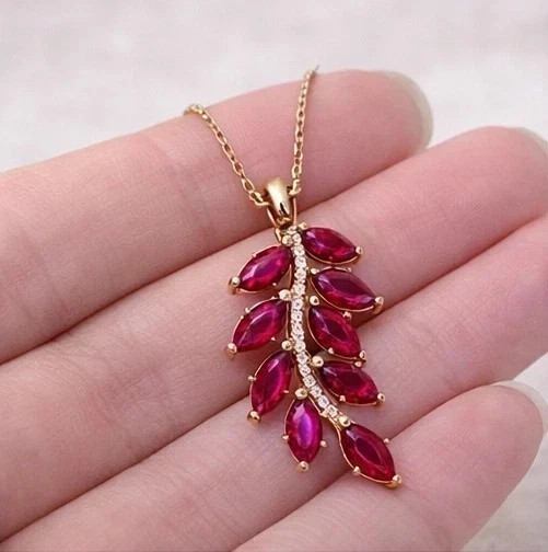 14k Yellow Gold Plated 2 Ct Marquise Cut Lab Created Ruby Stunning Leaf Pendant