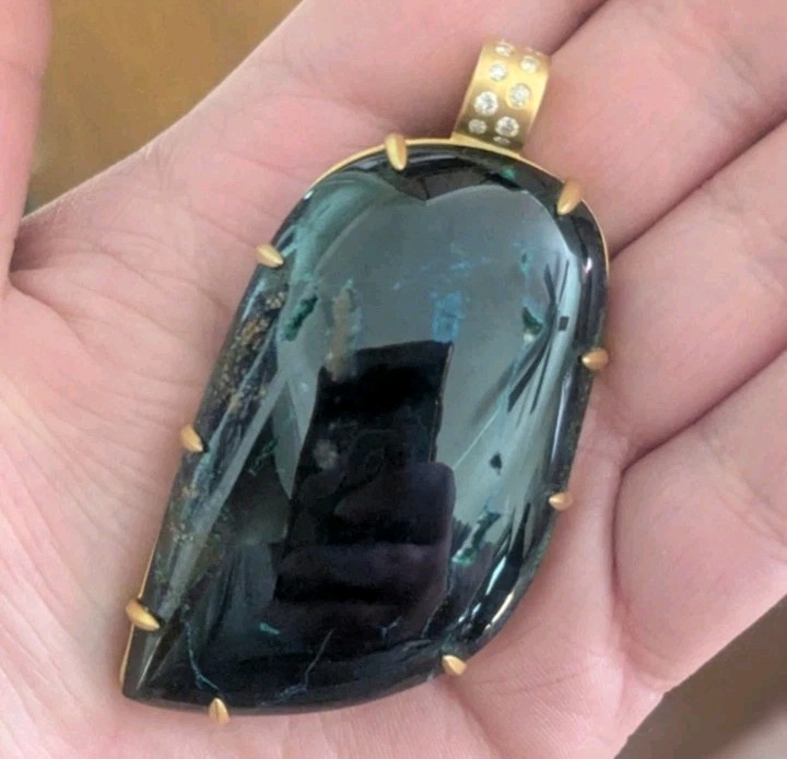 10k Yellow Gold Diamond Bail Blue Azurite Gemstone Large Pendant OOAK Women’s