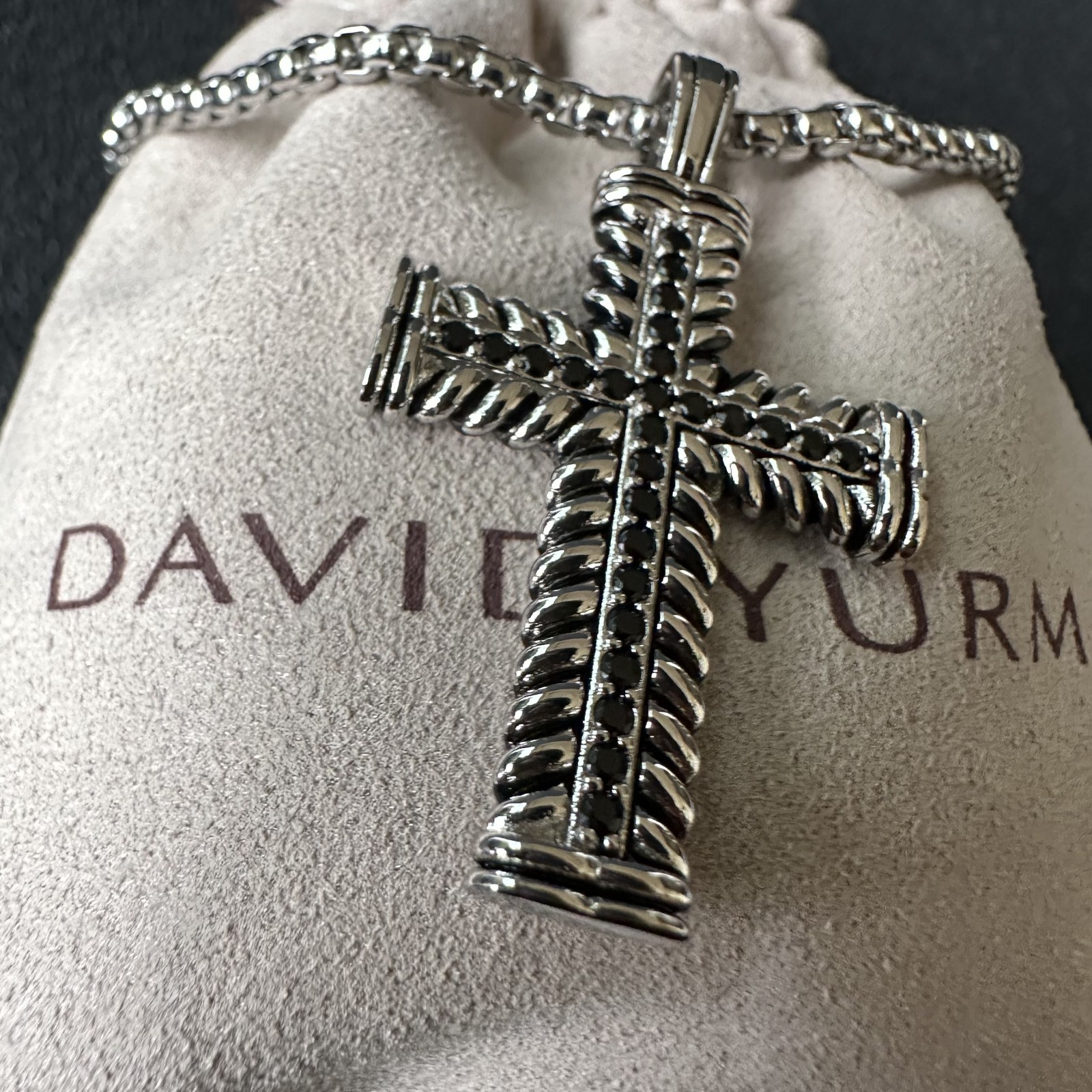 David Yurman Chevron Cross Pendant 925 Sterling Silver with Black Diamonds 20″