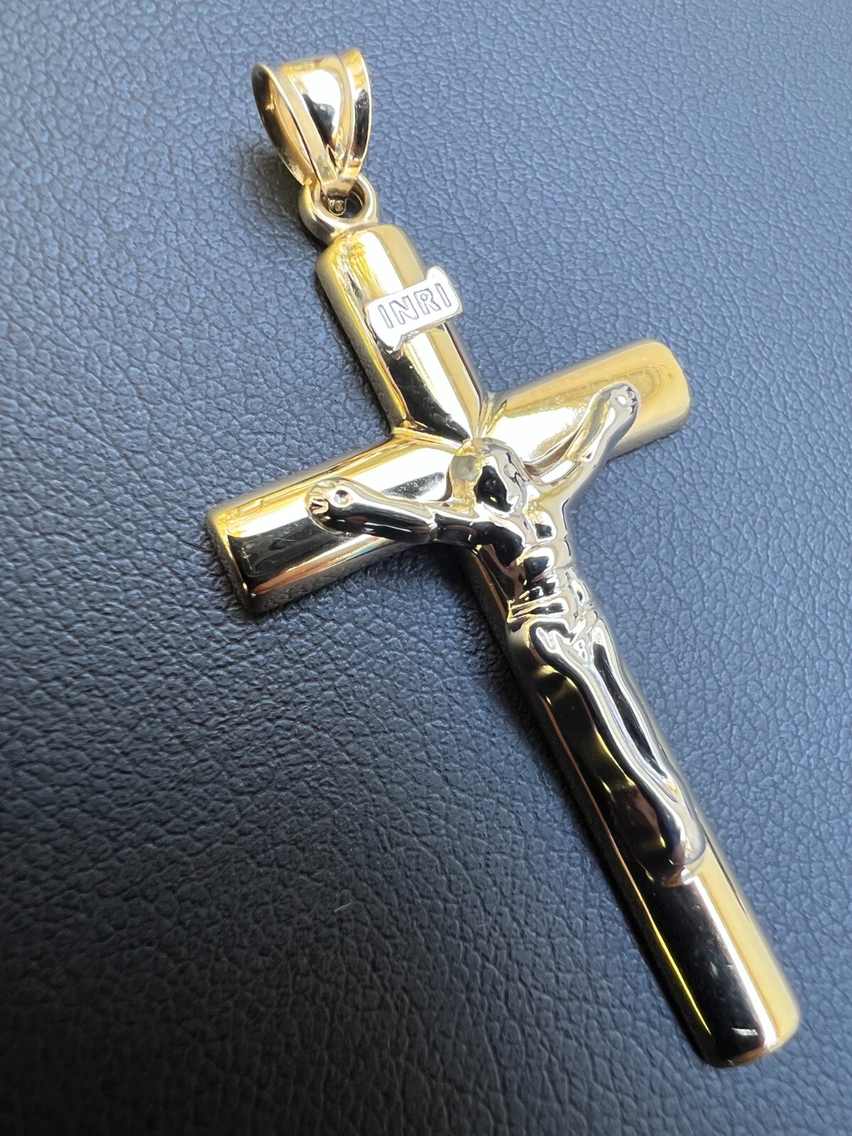 Large 1.85″ Real 14k Yellow & White Gold Cross Jesus Crucifix Pendant Necklace