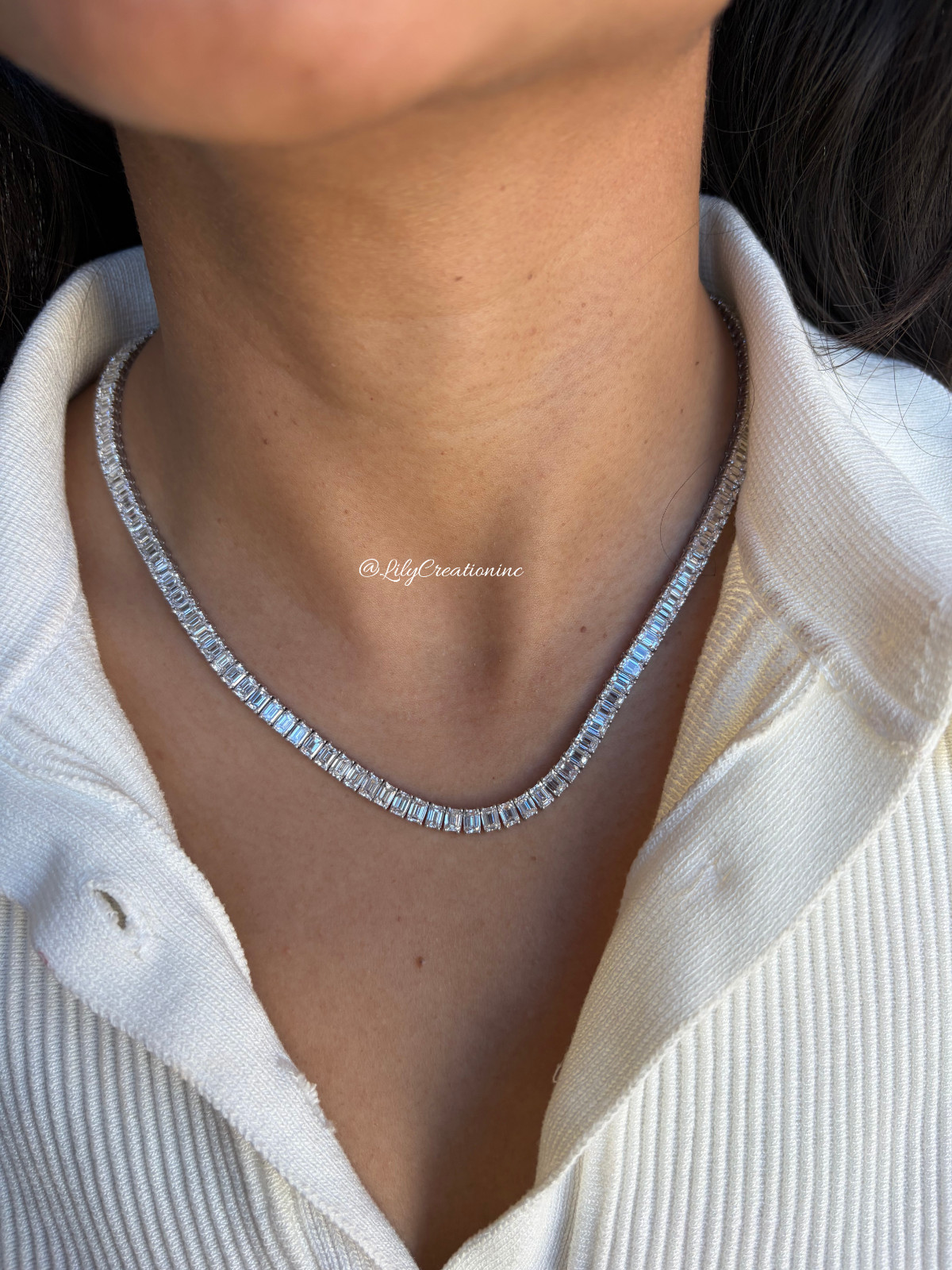 30 Ct Emerald Cut Lab Grown Diamond Tennis Necklace 15 Inch 14K Rose Gold