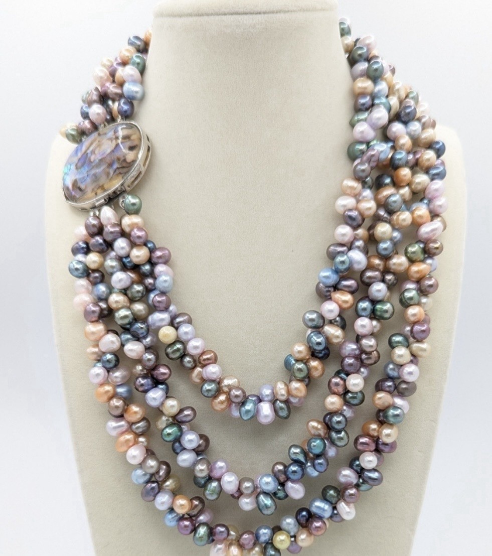 Unbranded Pastel Cultured Pearl Triple Strand Necklace With Abalone Clasp 17″