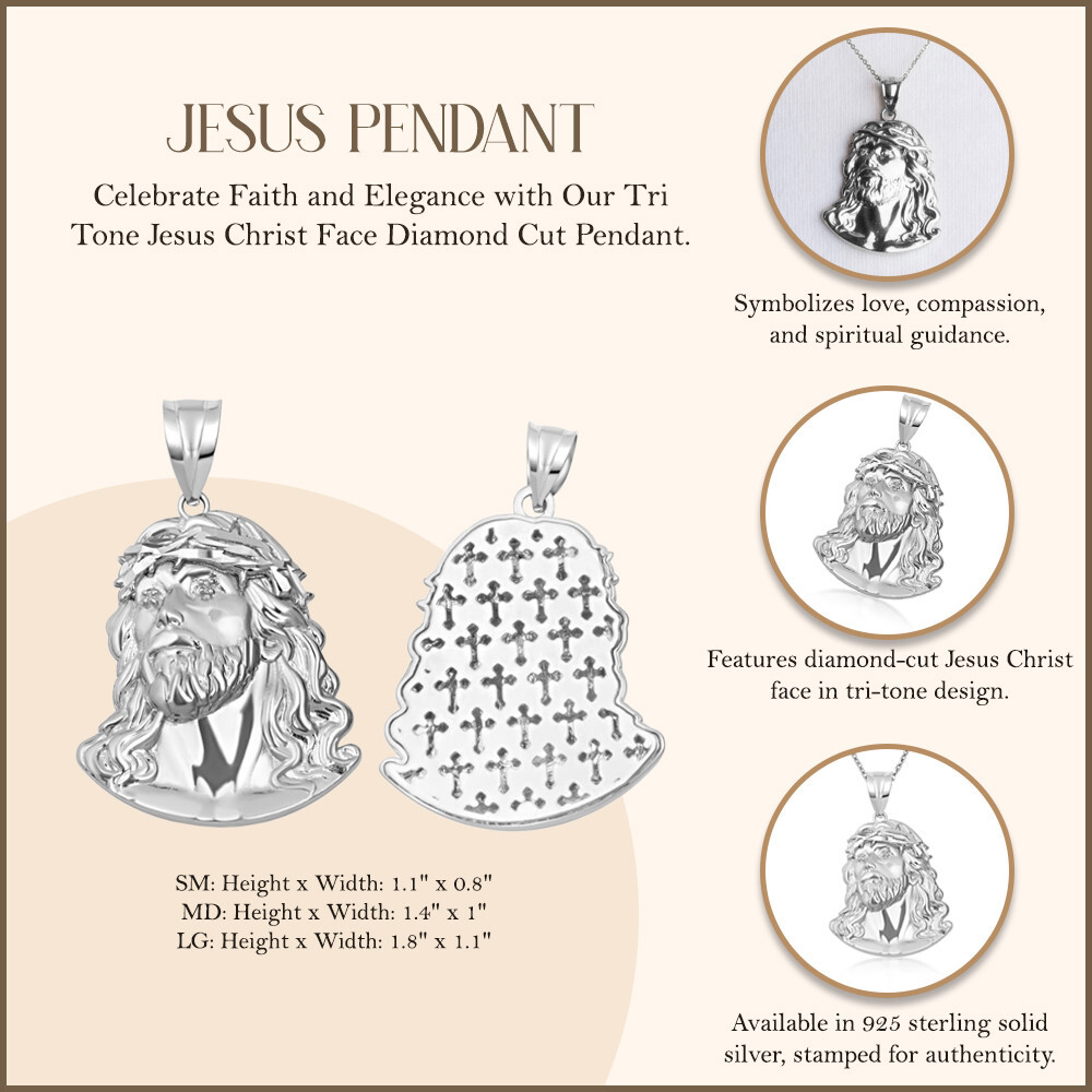 .925 Sterling Silver Jesus Christ Face Diamond Cut Pendant Necklace (S/M/L)