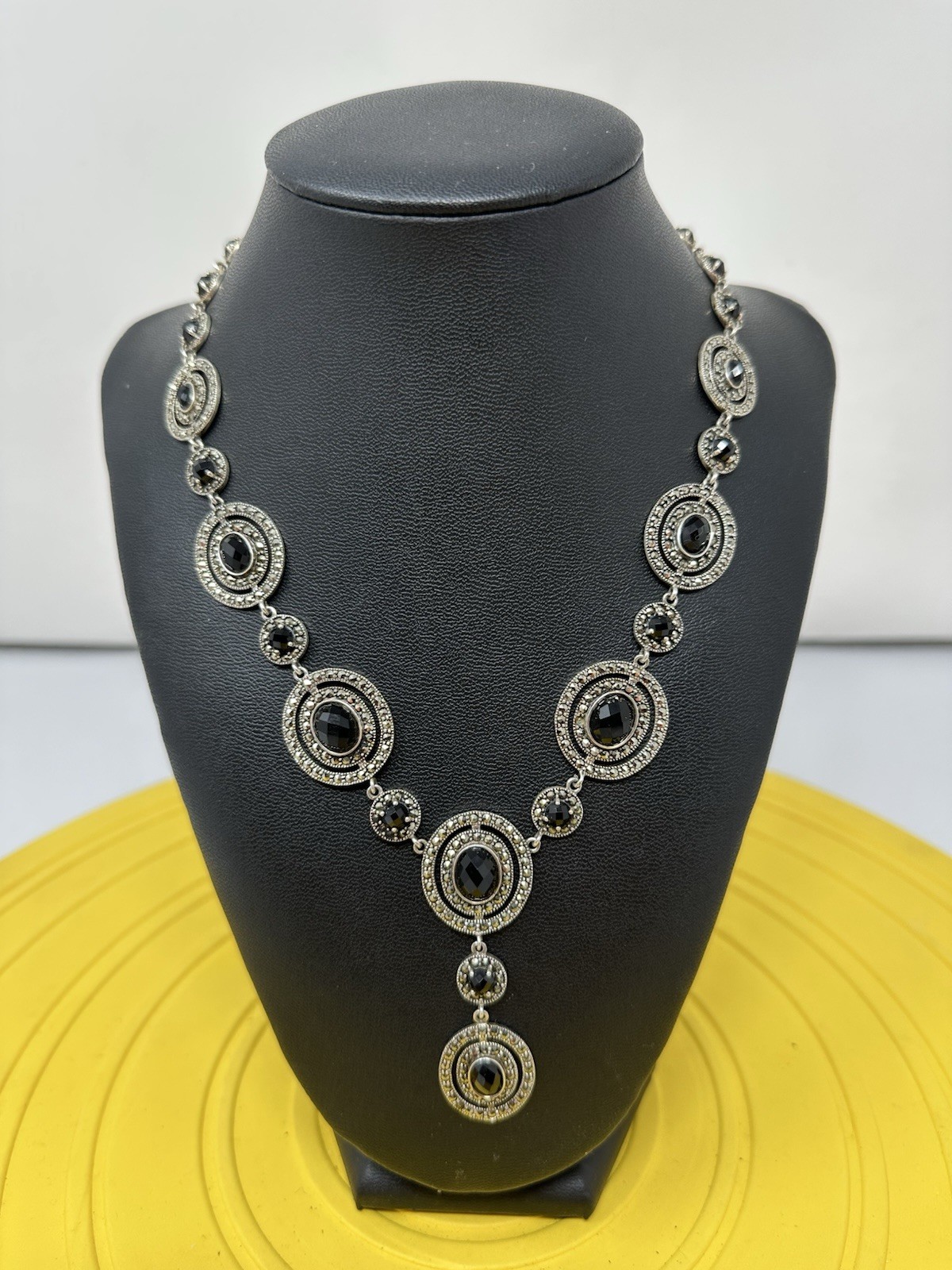 Sterling Silver Onyx & Marcasite Y-Drop Choker Necklace Modern Elegant 47g 17”+