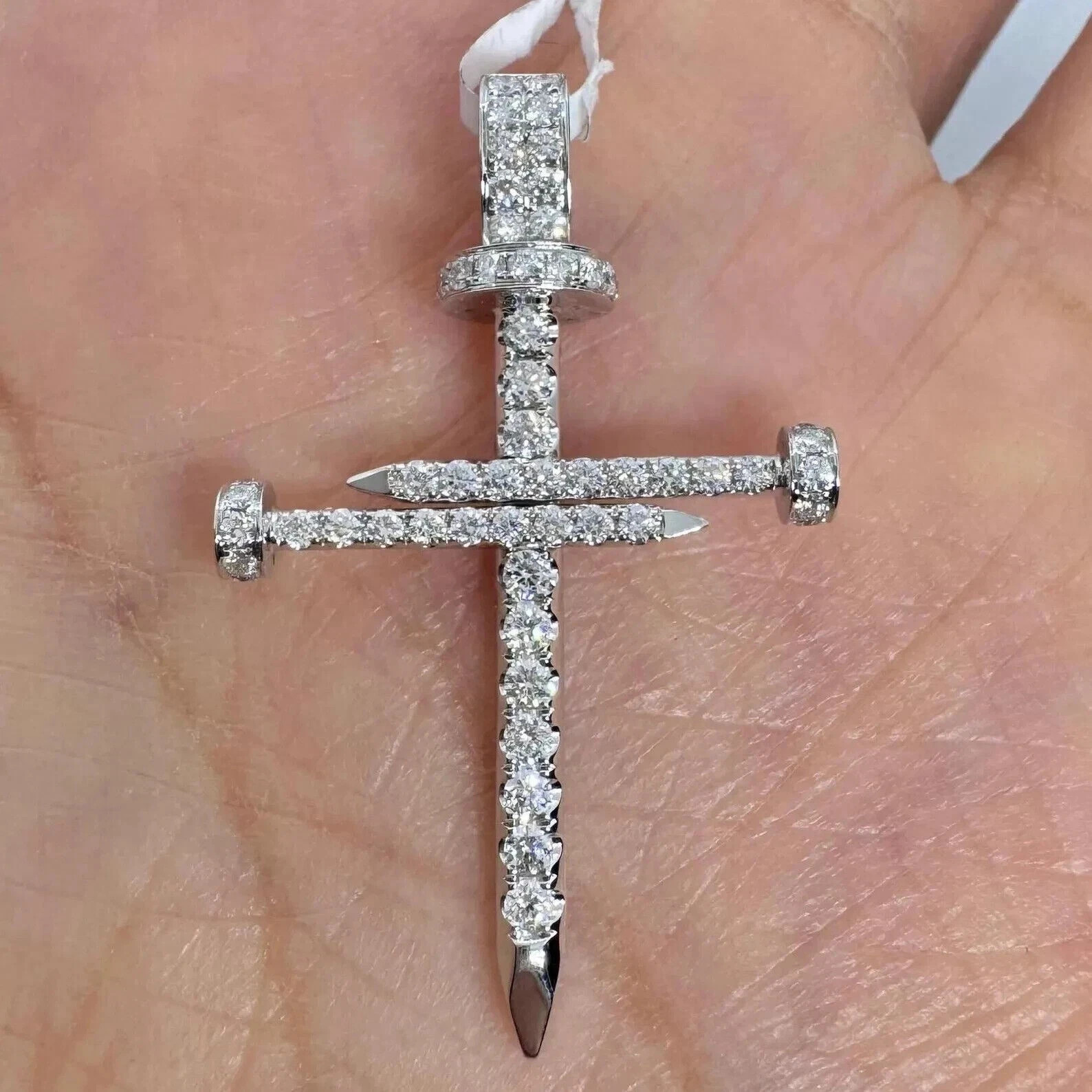1.50Ct Real Moissanite Nail Cross Pendant 14K White Gold Plated 18″ Chain