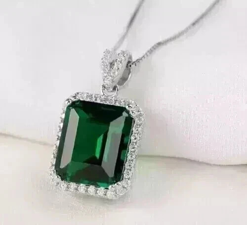Emerald Cut LabCreated Green Emerald Womens Pendant 14KWhite Gold Over withChain