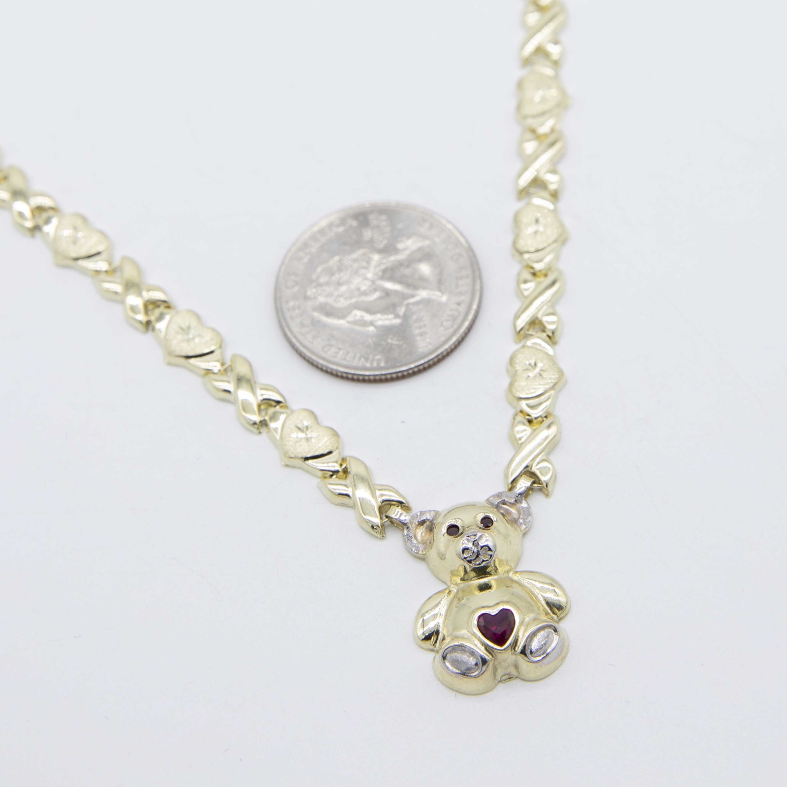 Diamond Cut Heart & Kisses Teddy Bear Necklace Real 10K Yellow White Gold