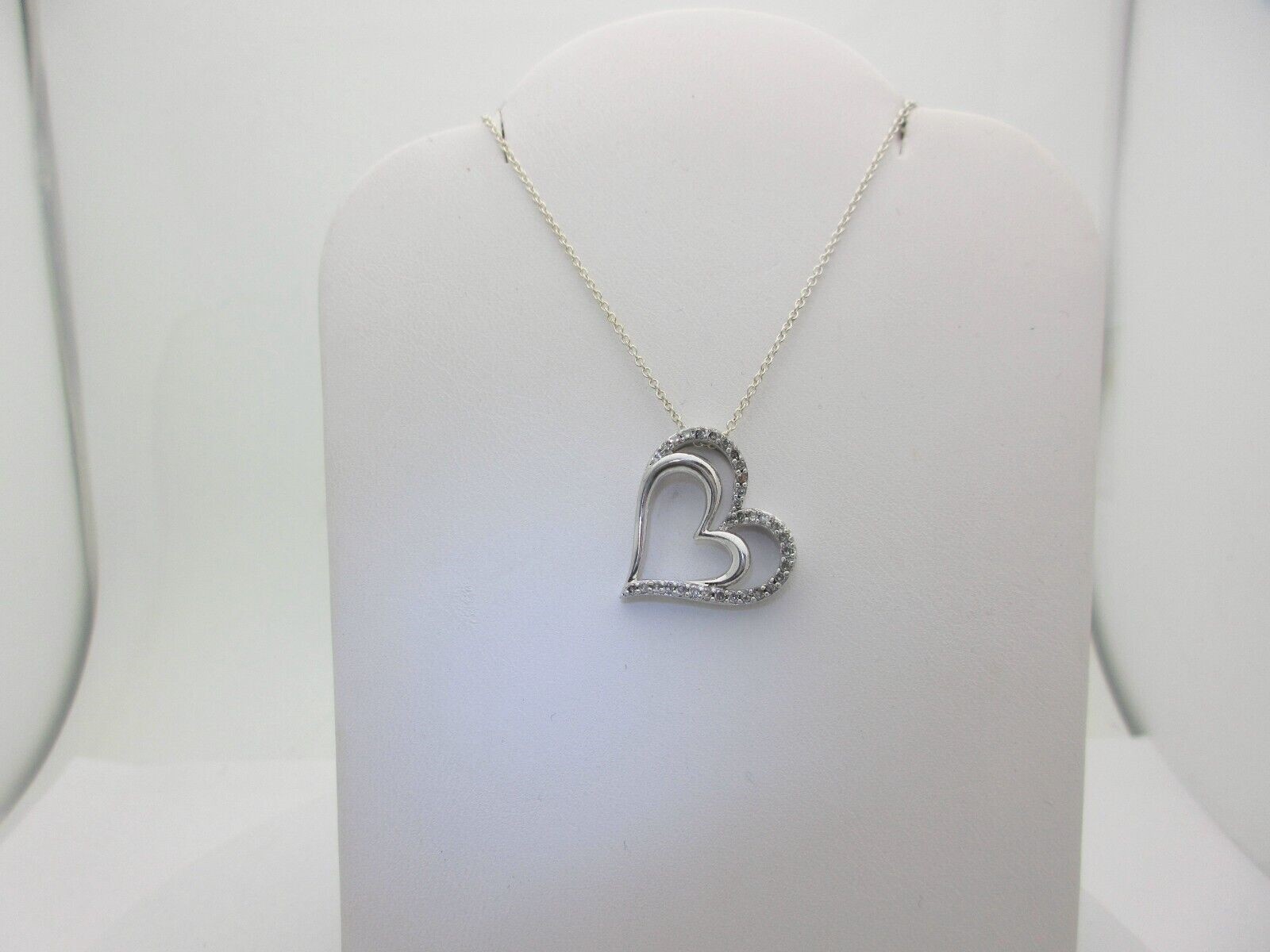 Natural Diamond Necklace Heart Women Double Sterling Silver Gift 19″ .32ct SN007