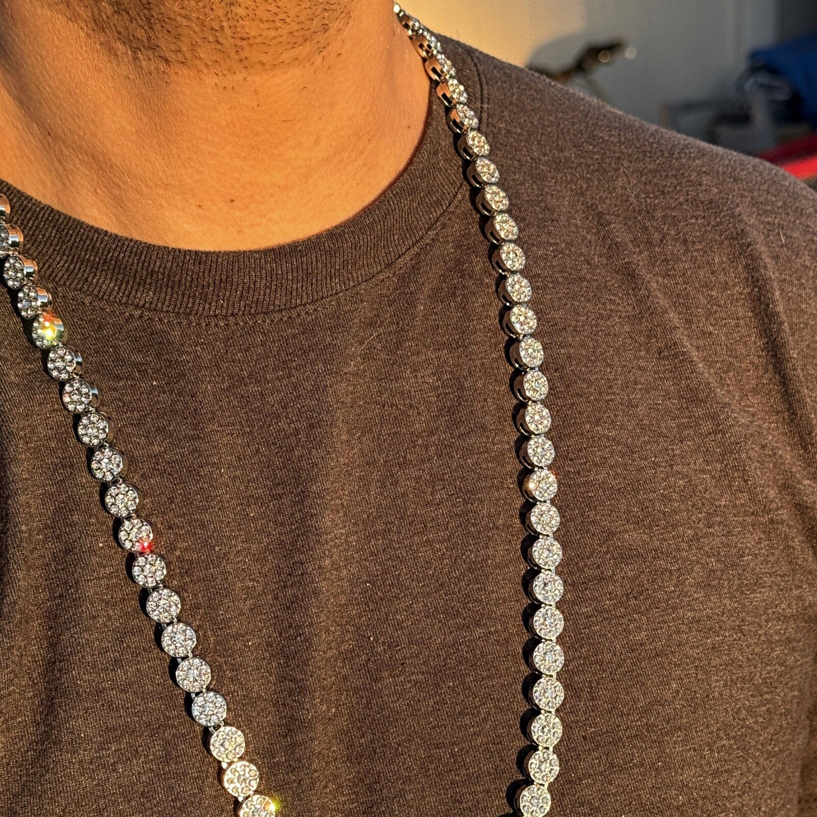 Men’s Flower Cluster Hip Hop Chain CZ Iced Bling Out One Row Silver Tone 36″