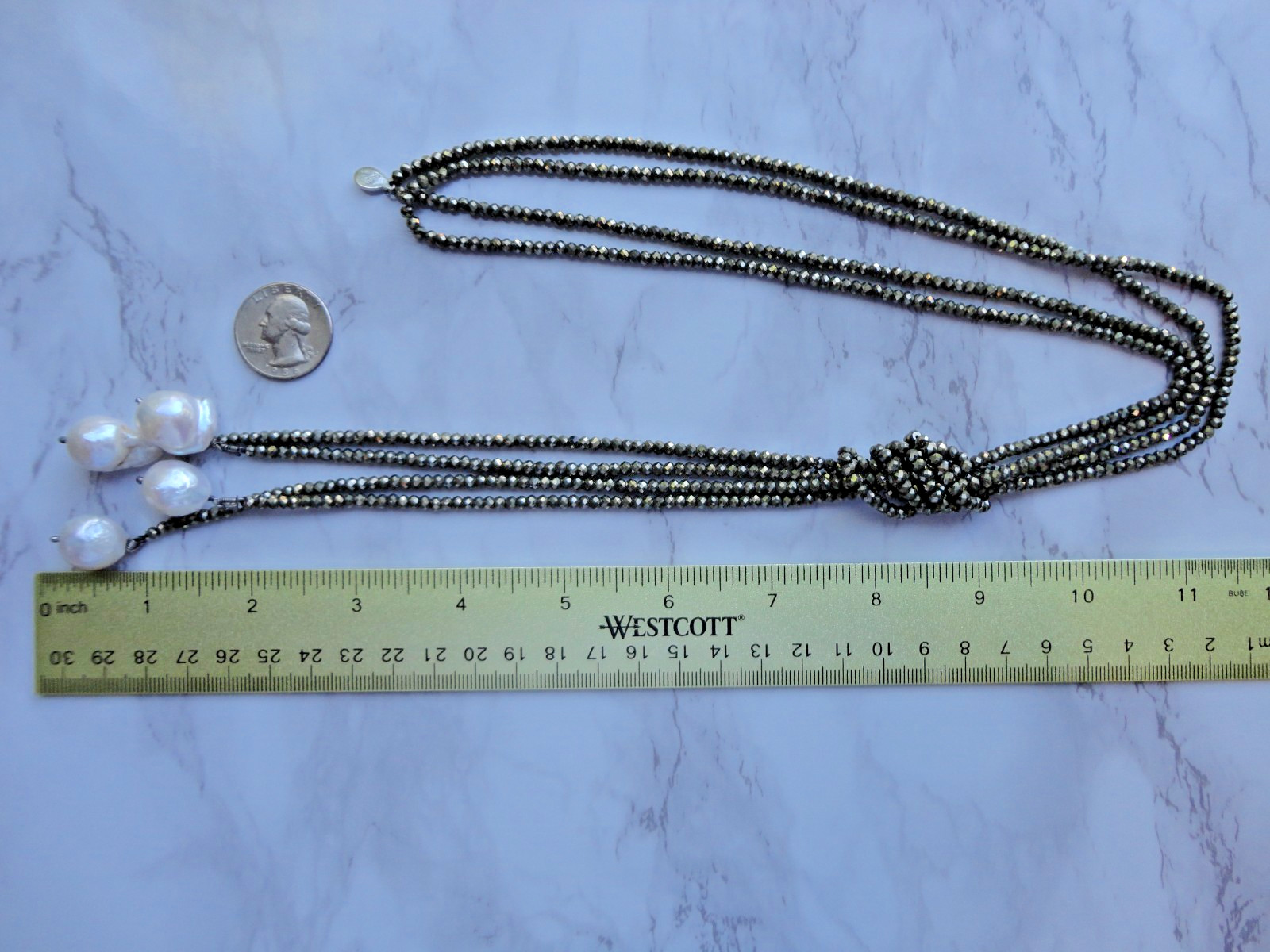 VTG ESTATE 925 INDIA BAROQUE PEARL PYRITE LARIAT BEADED DOUBLE NECKLACE 44″