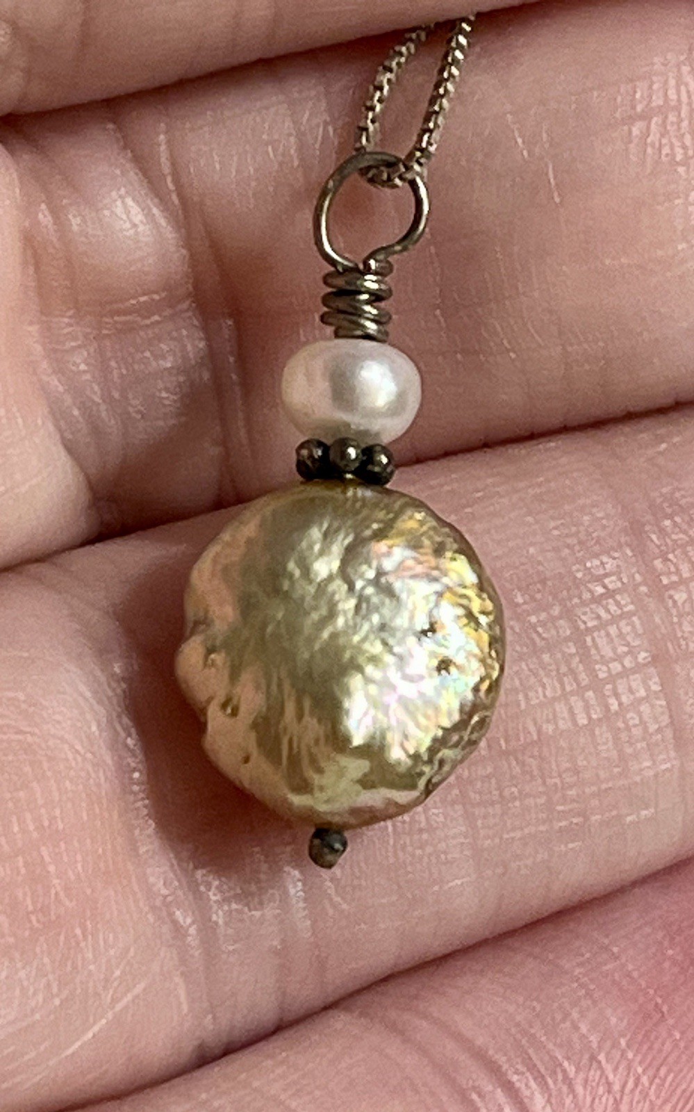 Vintage Sterling Silver .925 Necklace with Artisan Coin Pearl Pendant