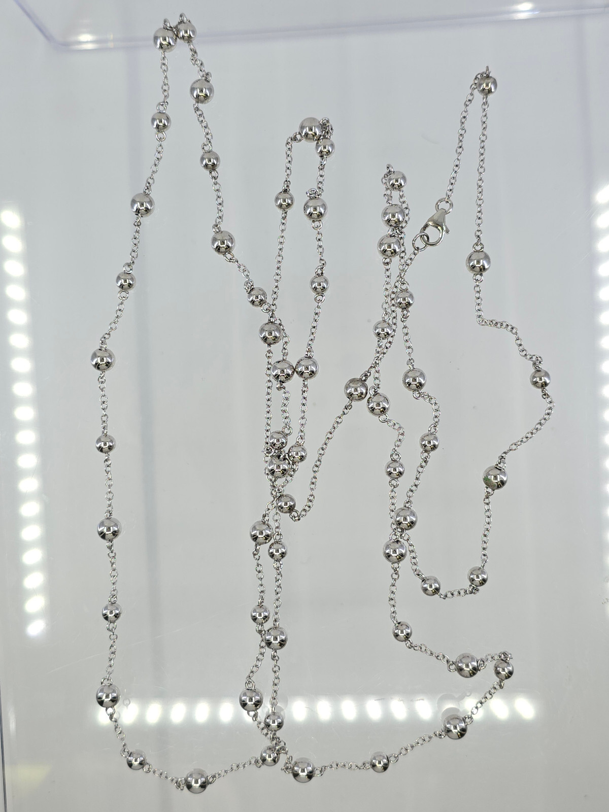 VTG 925 STERLING SILVER CURB LINK CHAIN & 6mm BEAD LONG STATION NECKLACE ~ 57 in