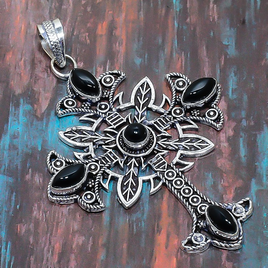 Cross Black Onyx Gemstone Handmade Gift Jewelry Pendant 3.35″ R912