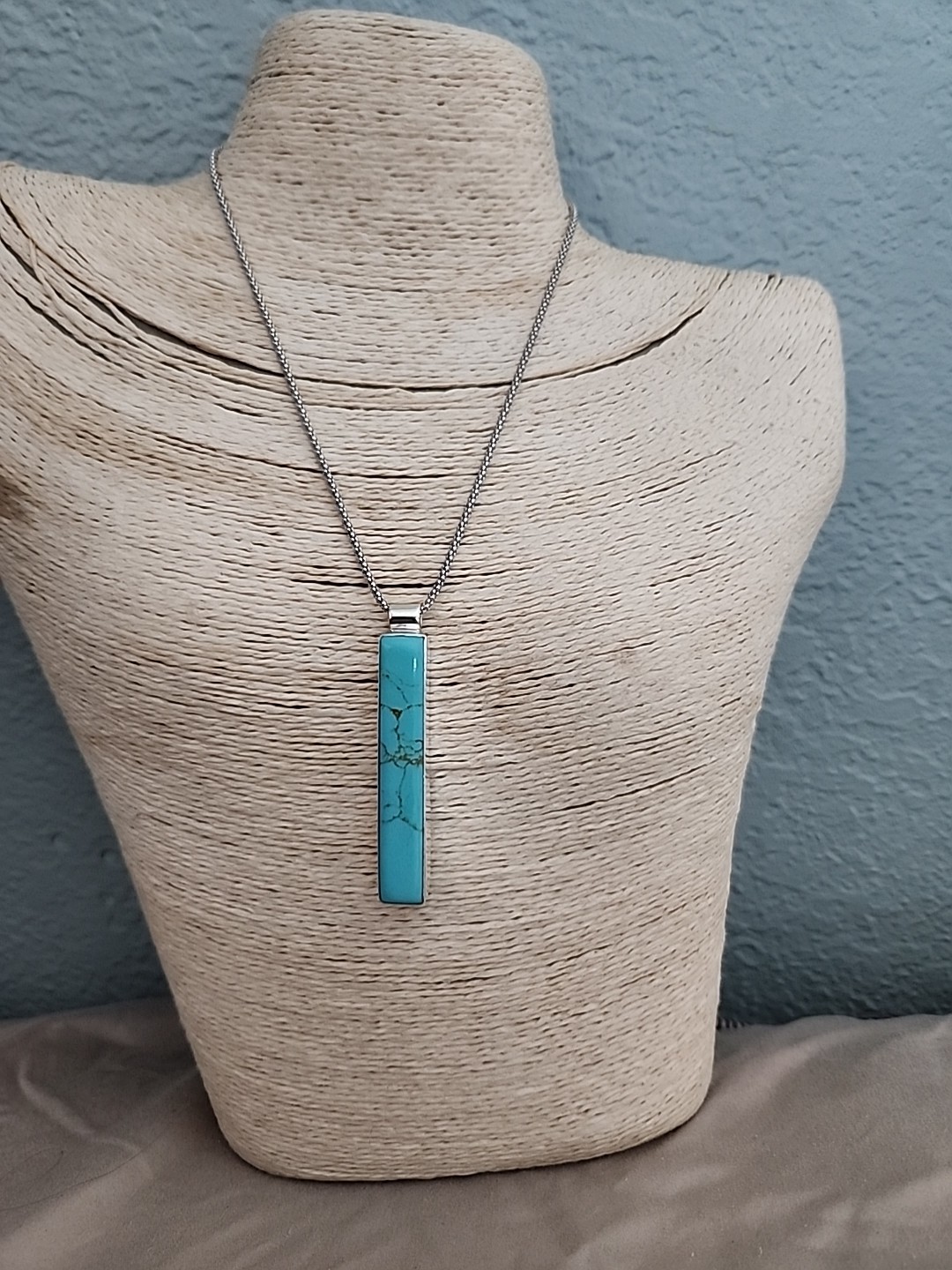 925S. Silver Turquoise Rectangular Bar Pendant Necklace ATI 16in +2in Extender