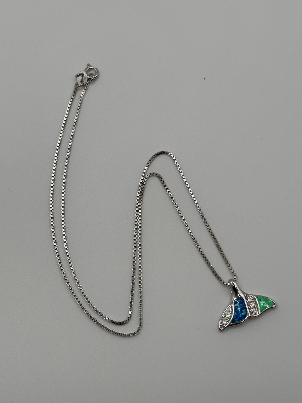 925 Sterling Silver Whale Tail Moissanite & Opal Pendant 18” Italian Box Chain