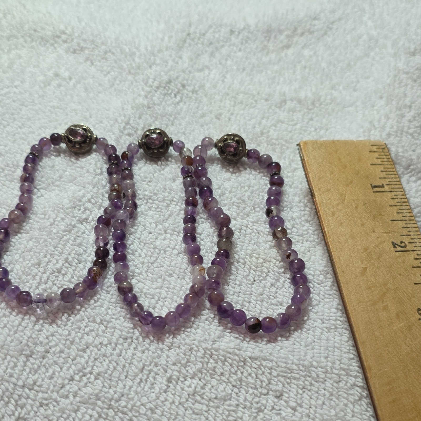Amethyst Gemstone 3 bracelets. Purple Round 7 in Metal Clasp