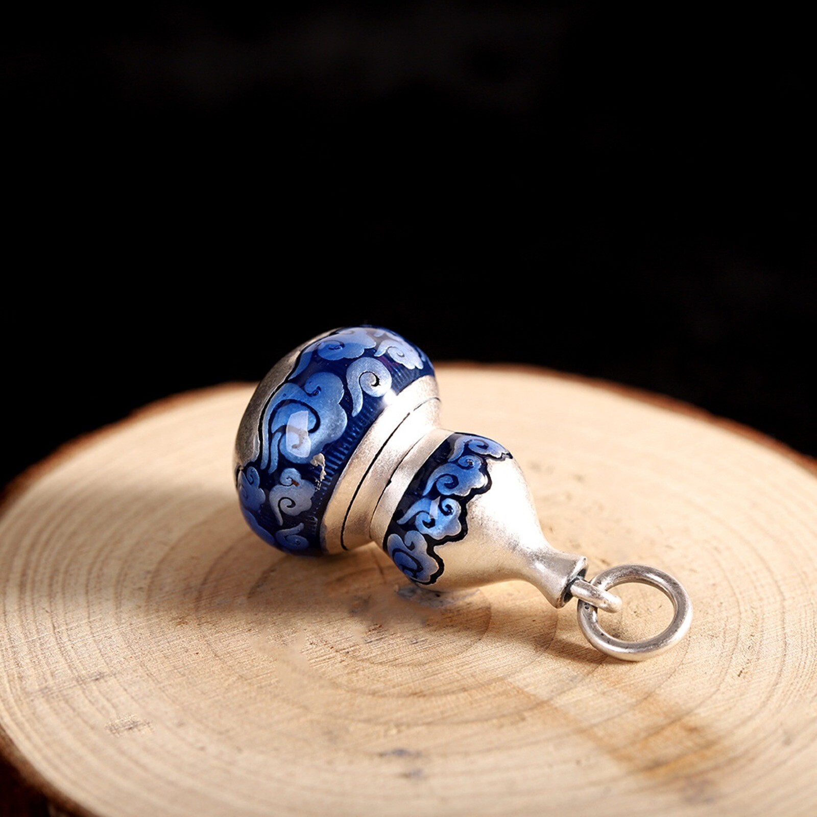 Pure S925 Sterling Silver Men Women Lucky Blue Enamel Gourd Box Pendant 15.5g