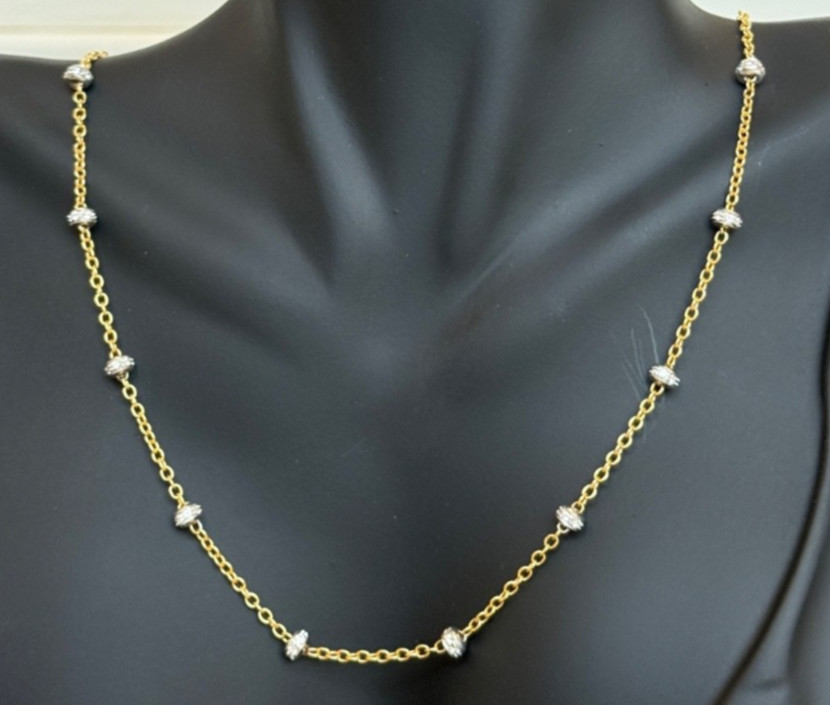 18K Yellow Gold Necklace Chain 10 station rondelle barrel 60 tiny diamonds Italy