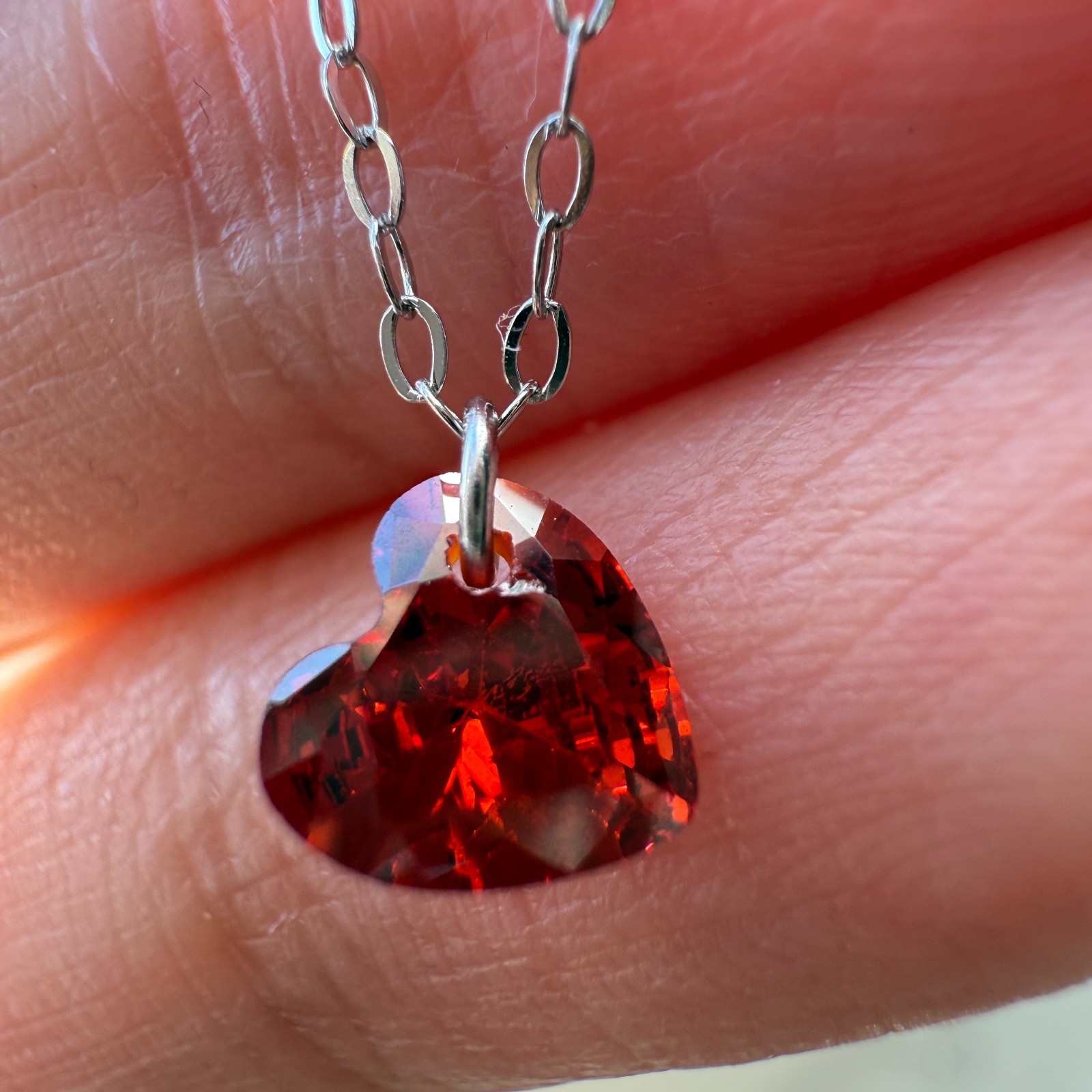 925 Sterling Silver Necklace 6mm Heart Red Natural Zircon Gemstone Chain Gift