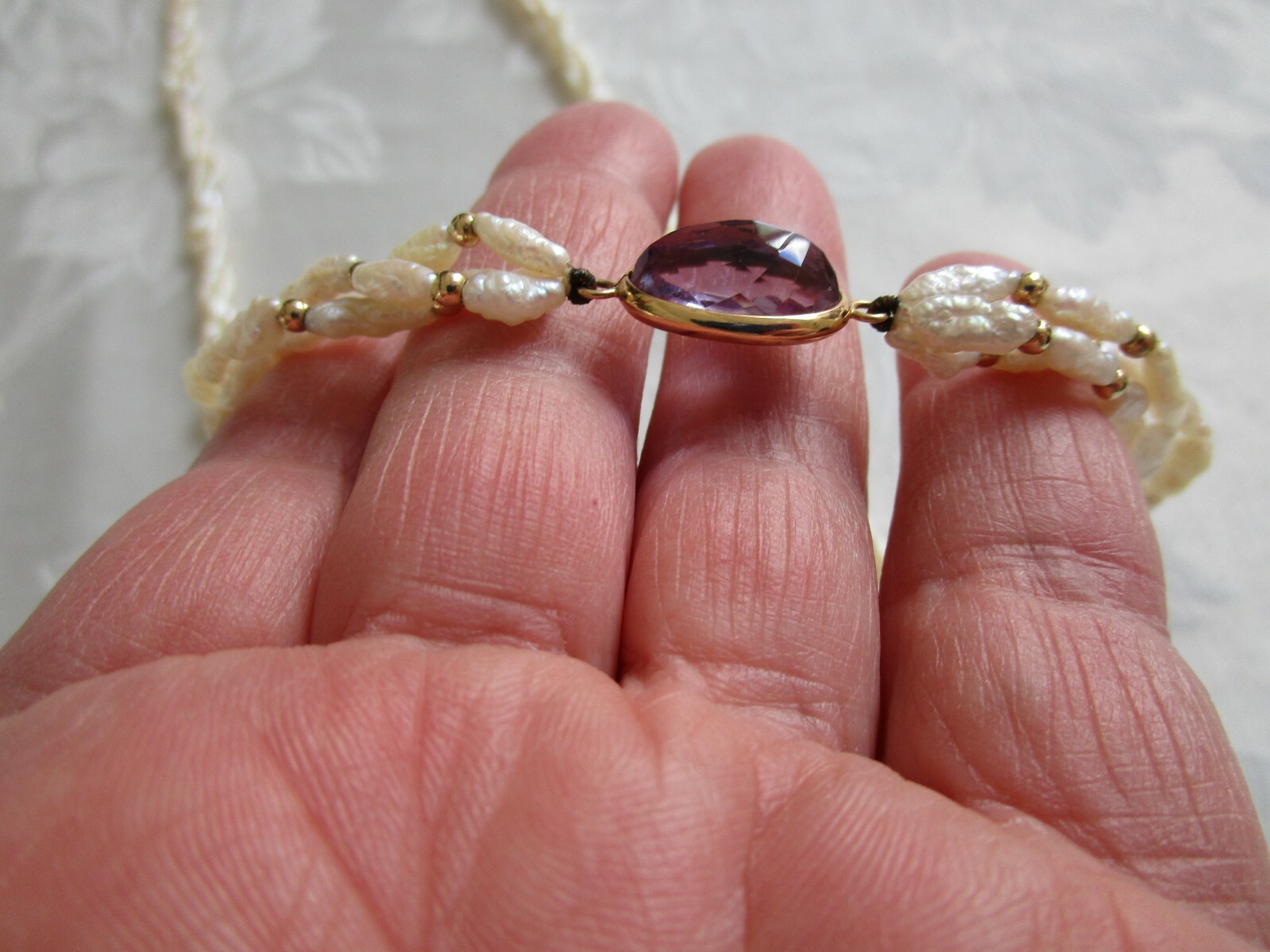 Vintage 14K Yellow Gold Amethyst Pearl Necklace 30″ L Excellent