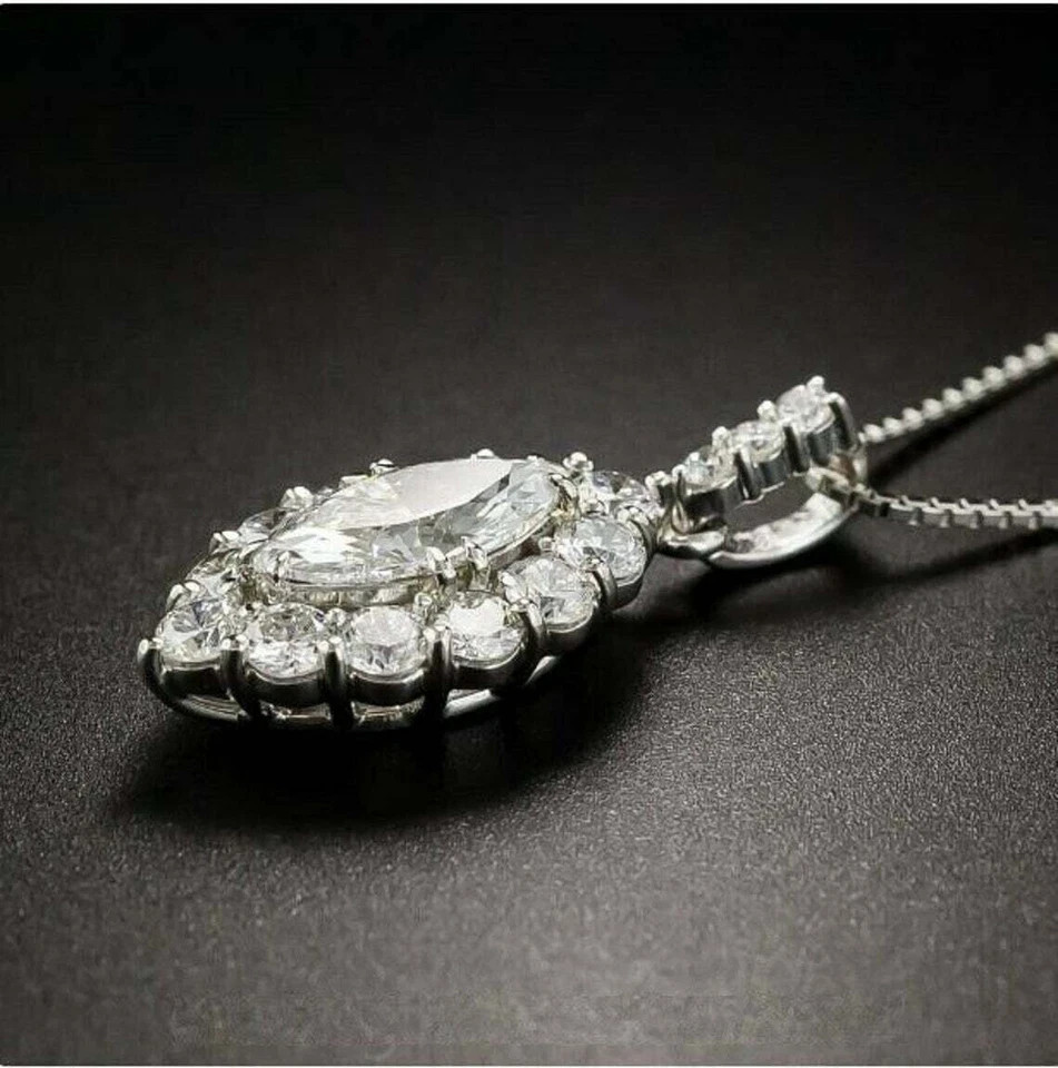 3 Carat Marquise Cut VVS1 Diamond Halo Pendant Necklace 14K White Gold Finish