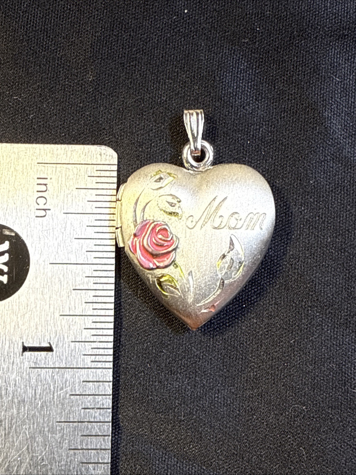 Sterling Silver Heart Photo Locket w/ Pink Rose & MOM Engraved 925 Pendant