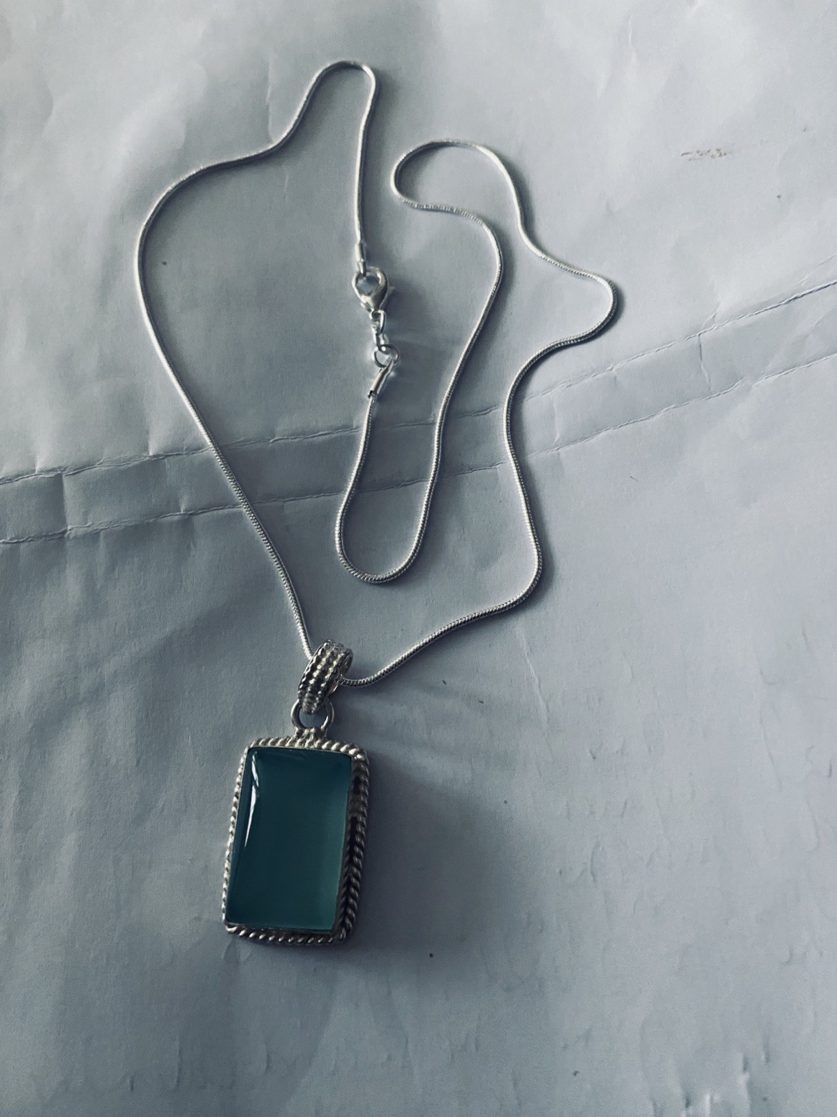 Vintage Aqua Chalcedony Big Pendant 925 Silver 20”chain.4x2cm UK Seller VGC