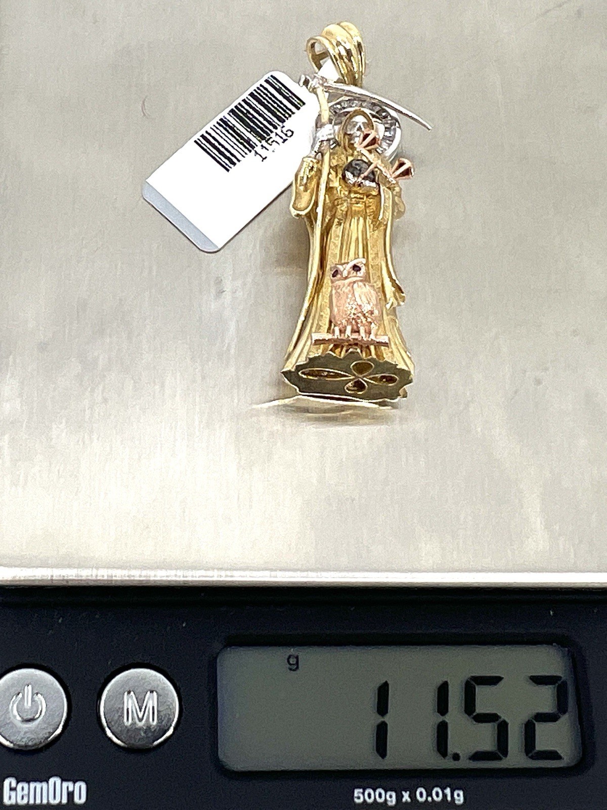 10K Tri-Color Gold Santa Muerte Pendant 2″ Italian CZ Santisima Muerte Authentic