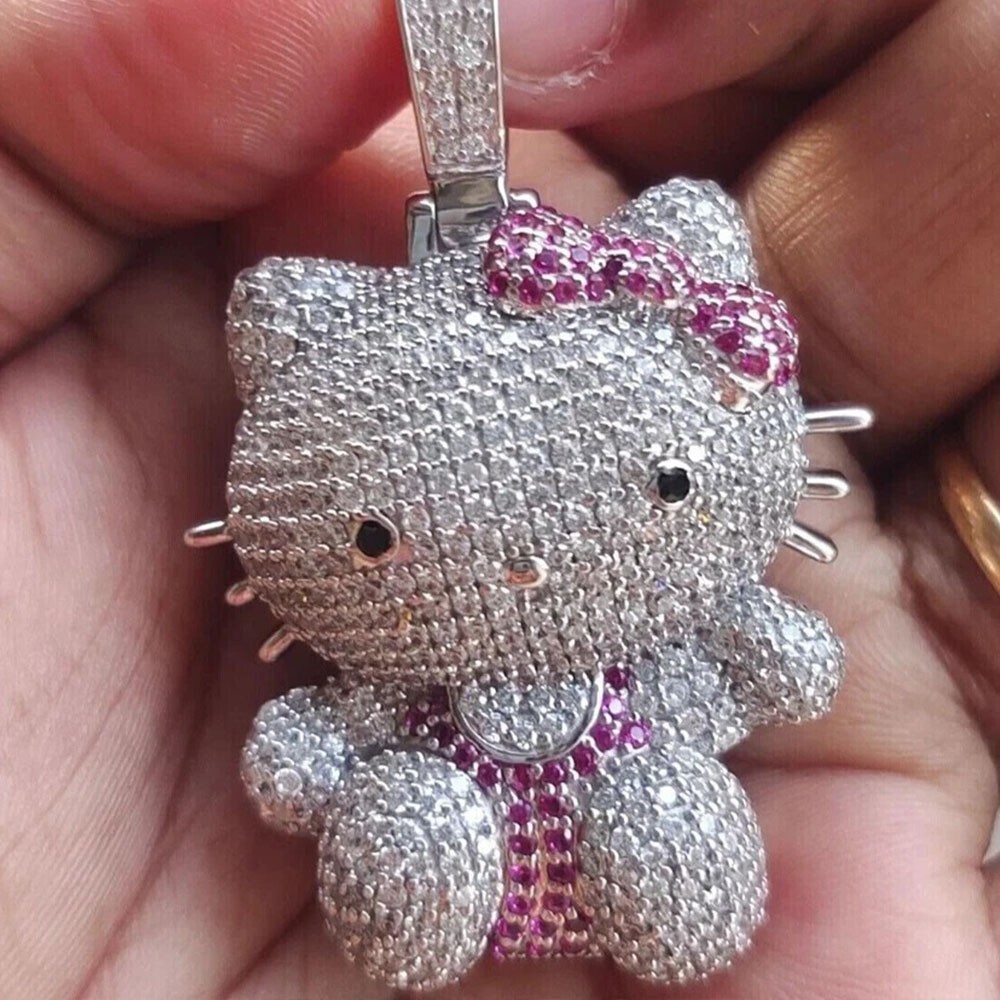 2.70Ct Round D/VVS1 Moissanite Hello Kitty Cartoon Pendant 14K White Gold Plated