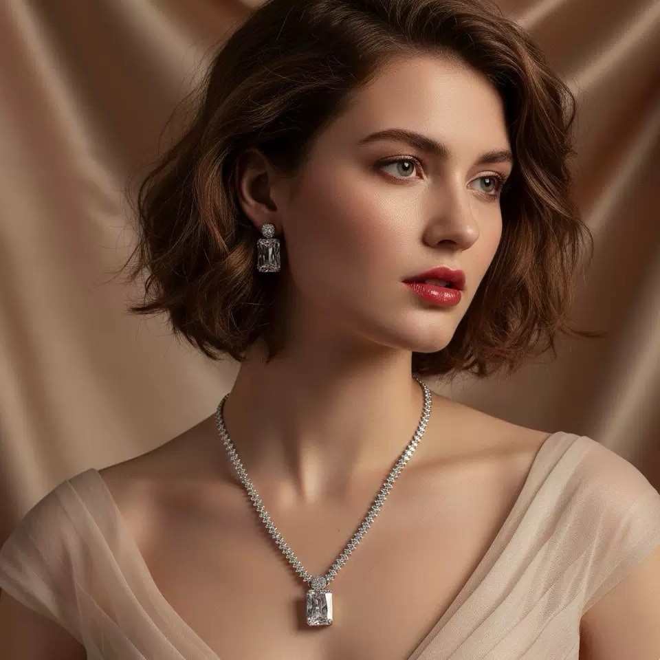 10CT Lab Created Diamon Tennis Women’s Necklace Set 14K White Gold Finish