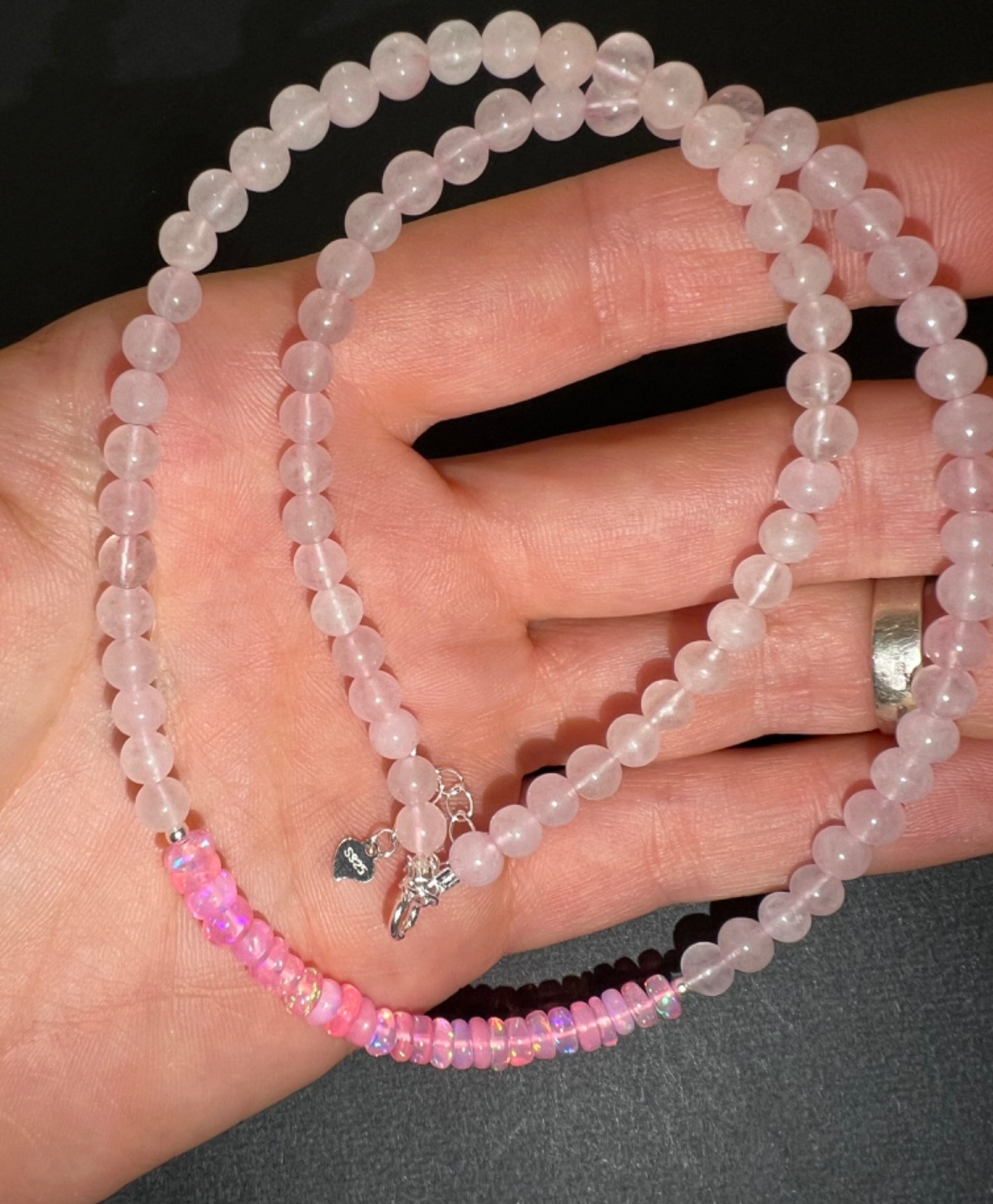 Rose Quartz & Pink Ethiopian Opal beads Choker Necklace in 925 Silver