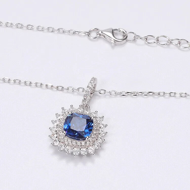 2Ct Cushion Shape Sapphire Solitaire Pendant Free Chain 14k White Gold Finish