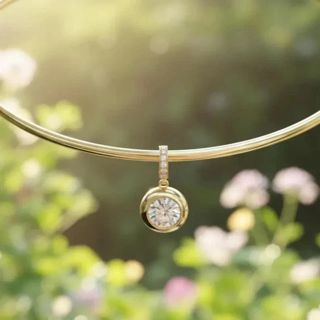 2.00TCW Round Cut Real Moissanite Bezel Set Pendant 14k Yellow Gold Plated