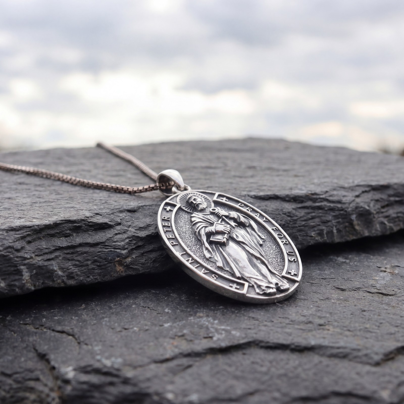 925 Sterling Silver Two-Sided Saint Peter Necklace