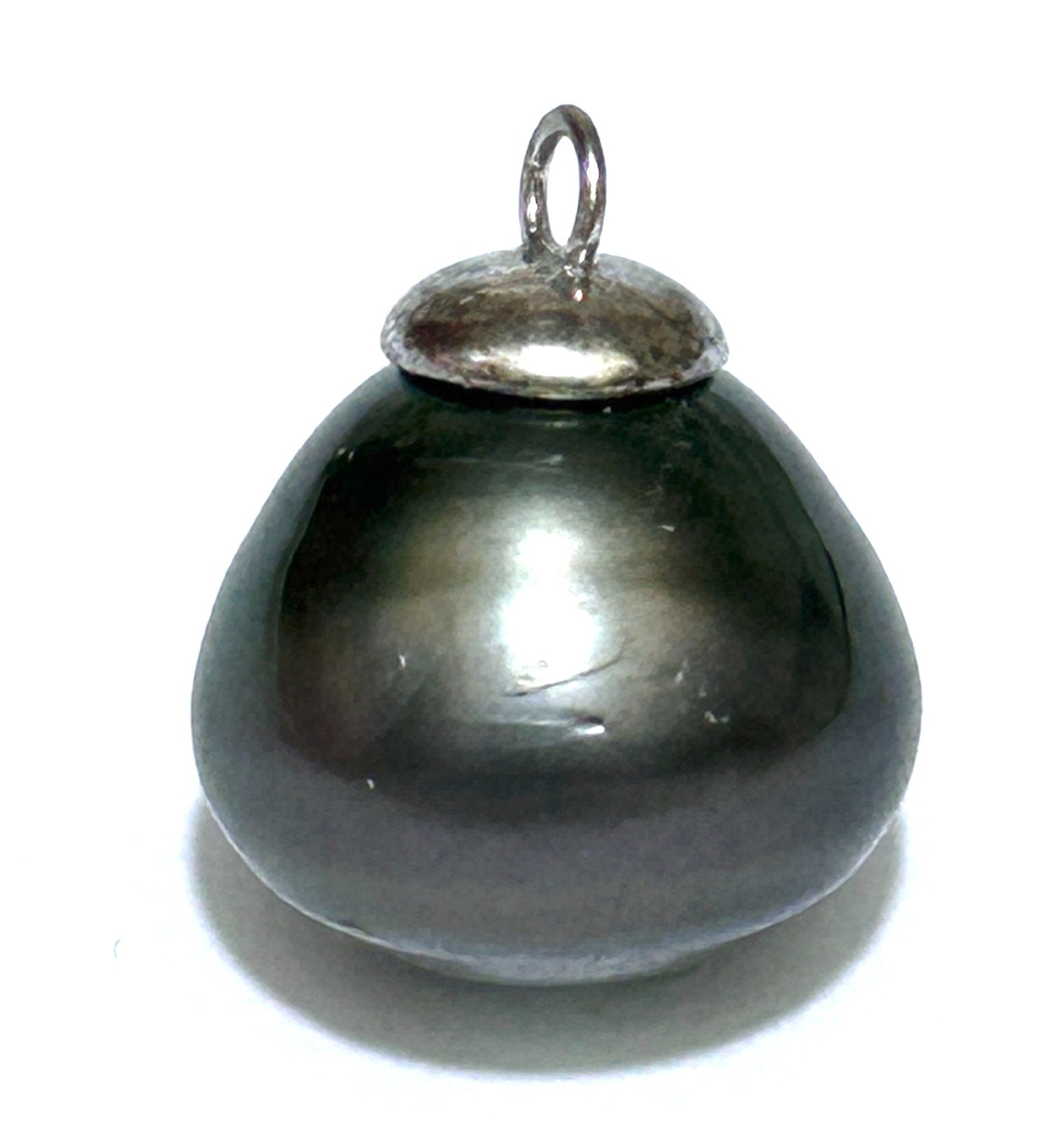 Oval 13.2 x 12.8mm Tahitian South Sea Natural Peacock Black Green Pearl Pendant