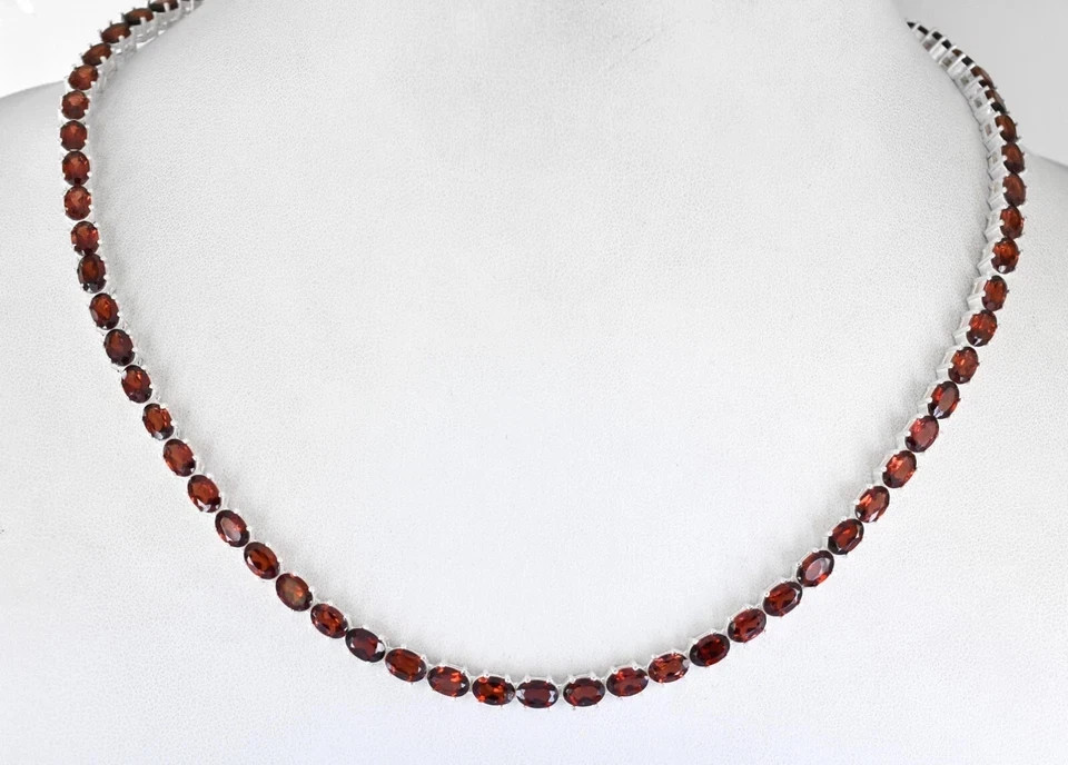 20TCW Oval Cut Lab Created Red Garnet Tennis Necklace 925 Sterling Silver