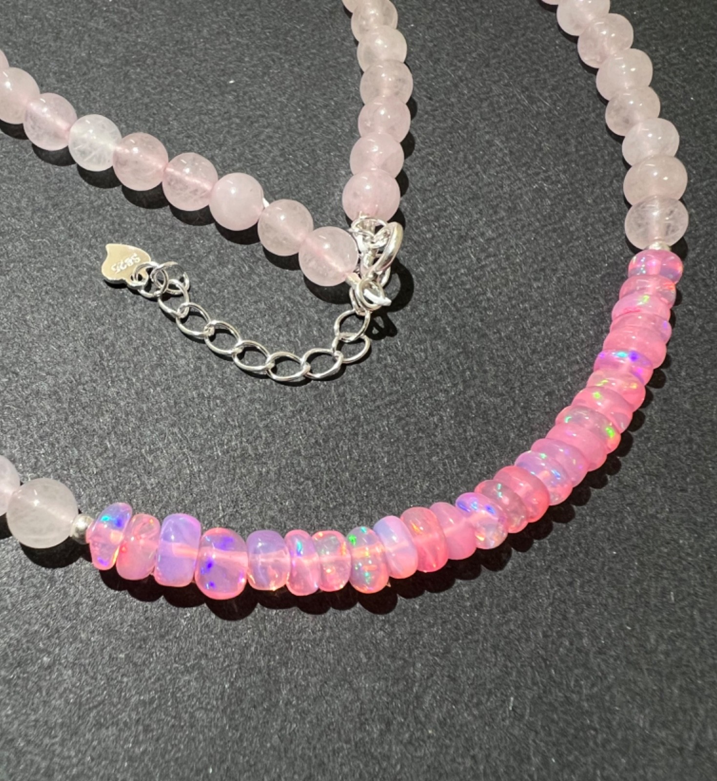 Rose Quartz & Pink Ethiopian Opal beads Choker Necklace in 925 Silver