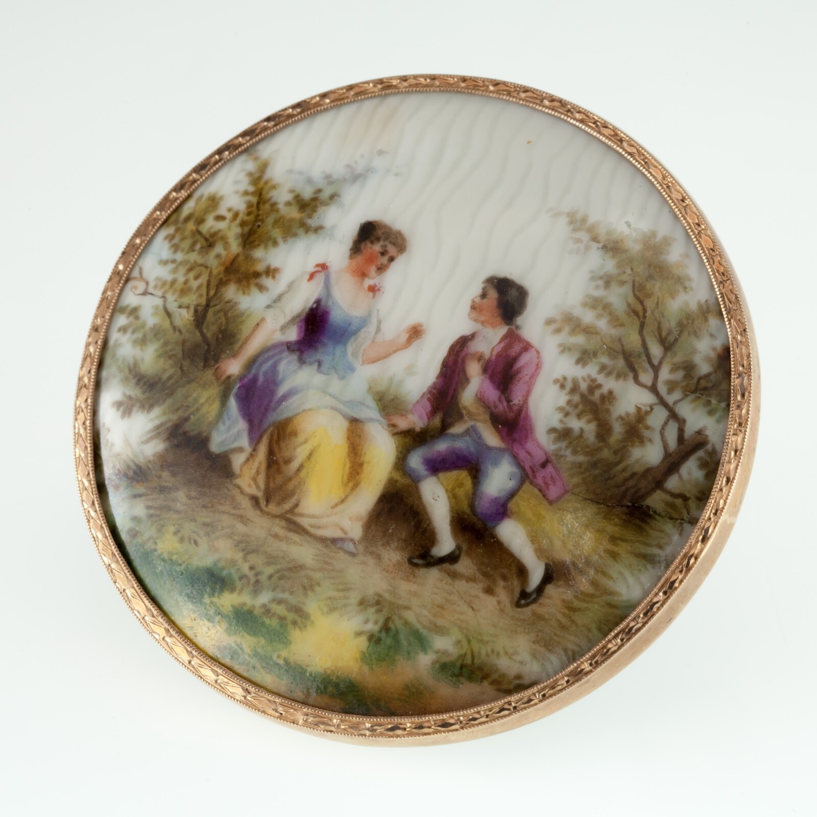 Unique Victorian Hand Painted Porcelain Pendant in 14k Yellow Gold Frame 57mm