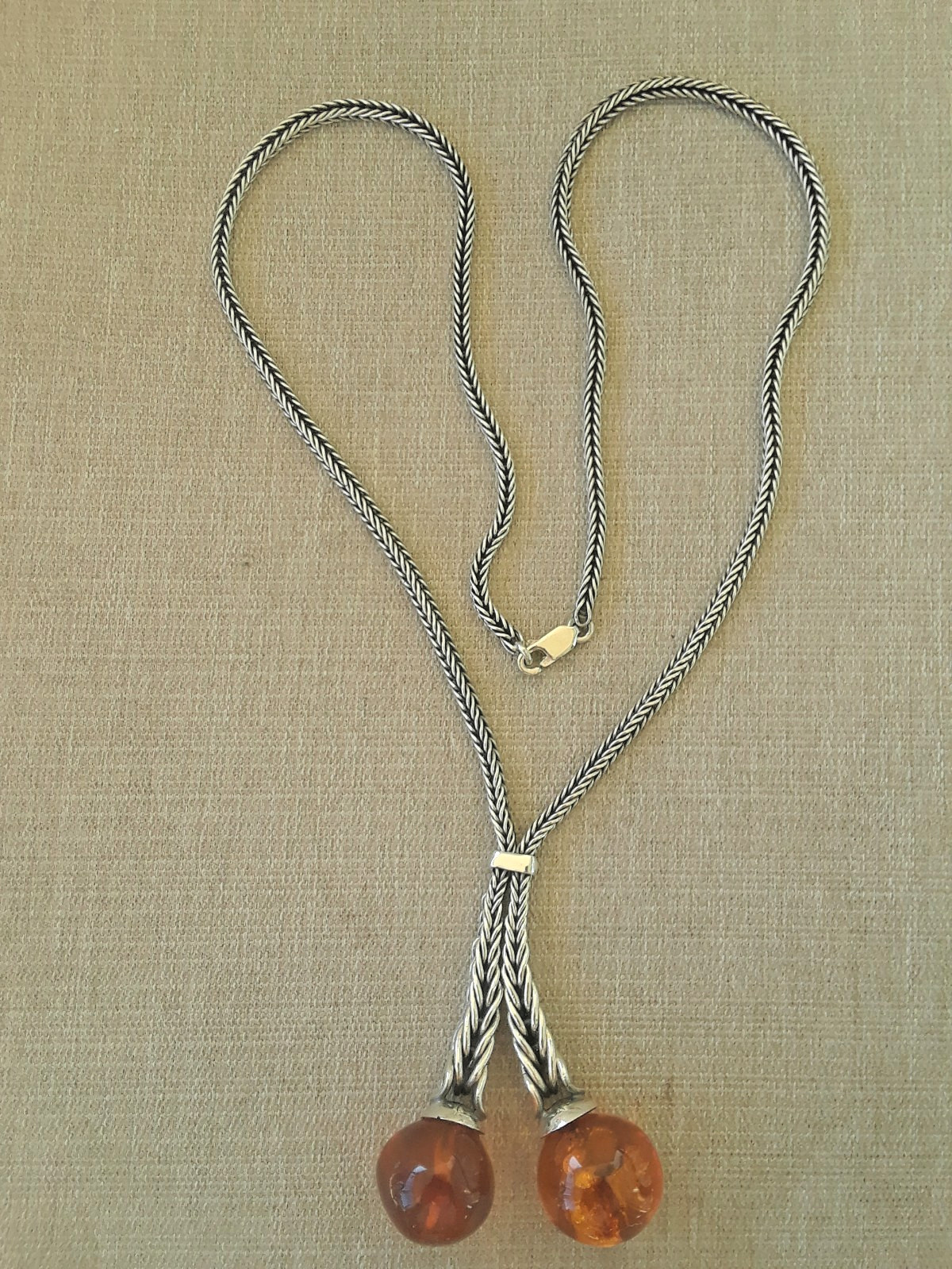 Rare Vintage Woven Wheat Sterling Silver Snake Chain Cognac Amber 21+2″