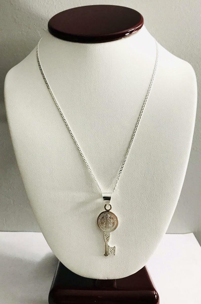 925 Sterling Silver Saint Benedict Key Necklace 22″/Cadena San Benito llave- P63