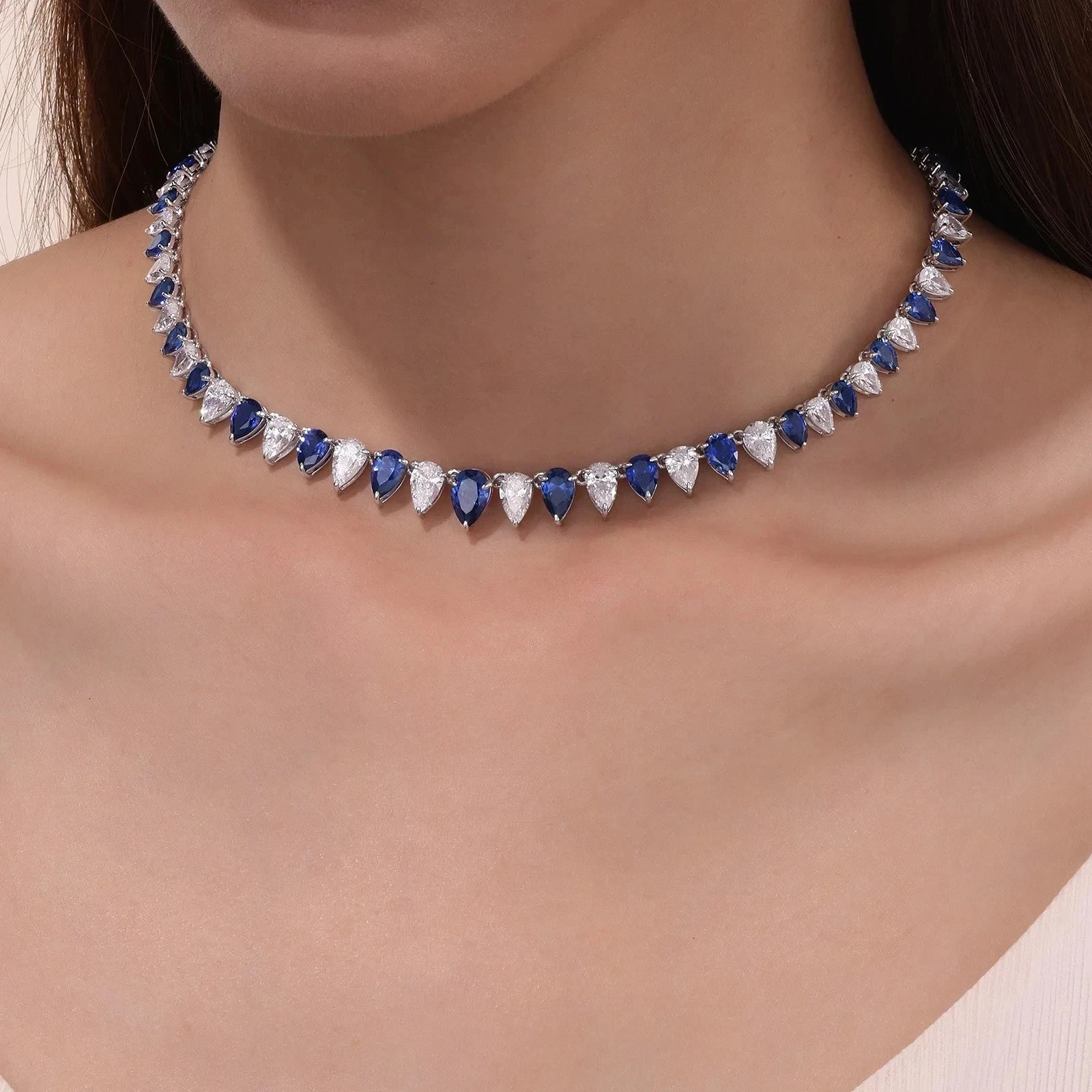 15 Ct Pear Cut Lab-Created Sapphire Tennis Choker Necklace 14k White Gold Plated