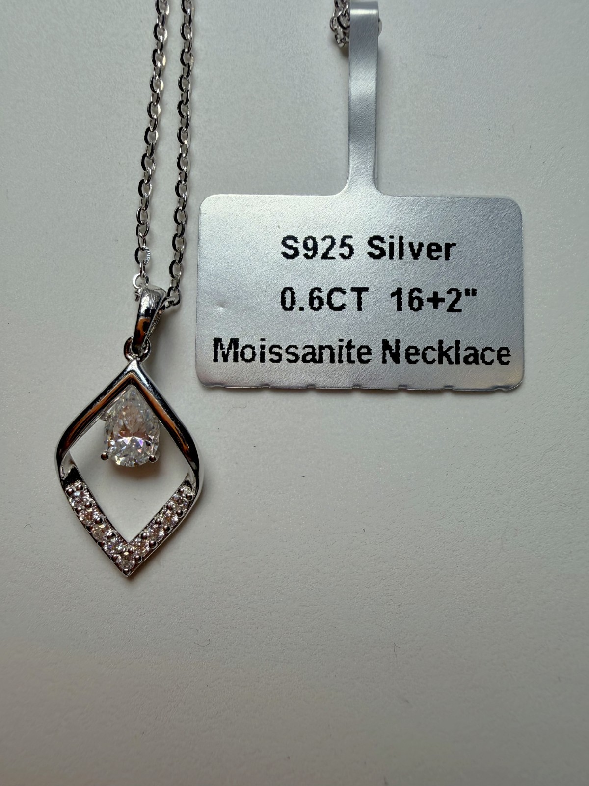 16+2″ 0.6ctw Moissanite Teardrop Solitaire Pendant Necklace 925 Sterling Silver