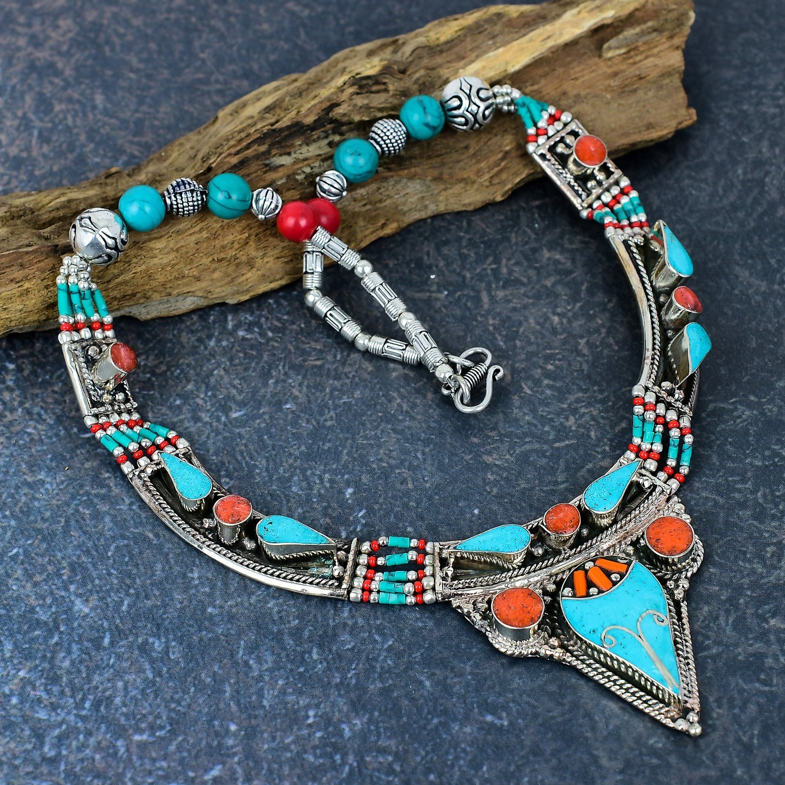 Turquoise, Coral Gemstone Handmade 925 Sterling Silver Nepali Jewelry Necklace
