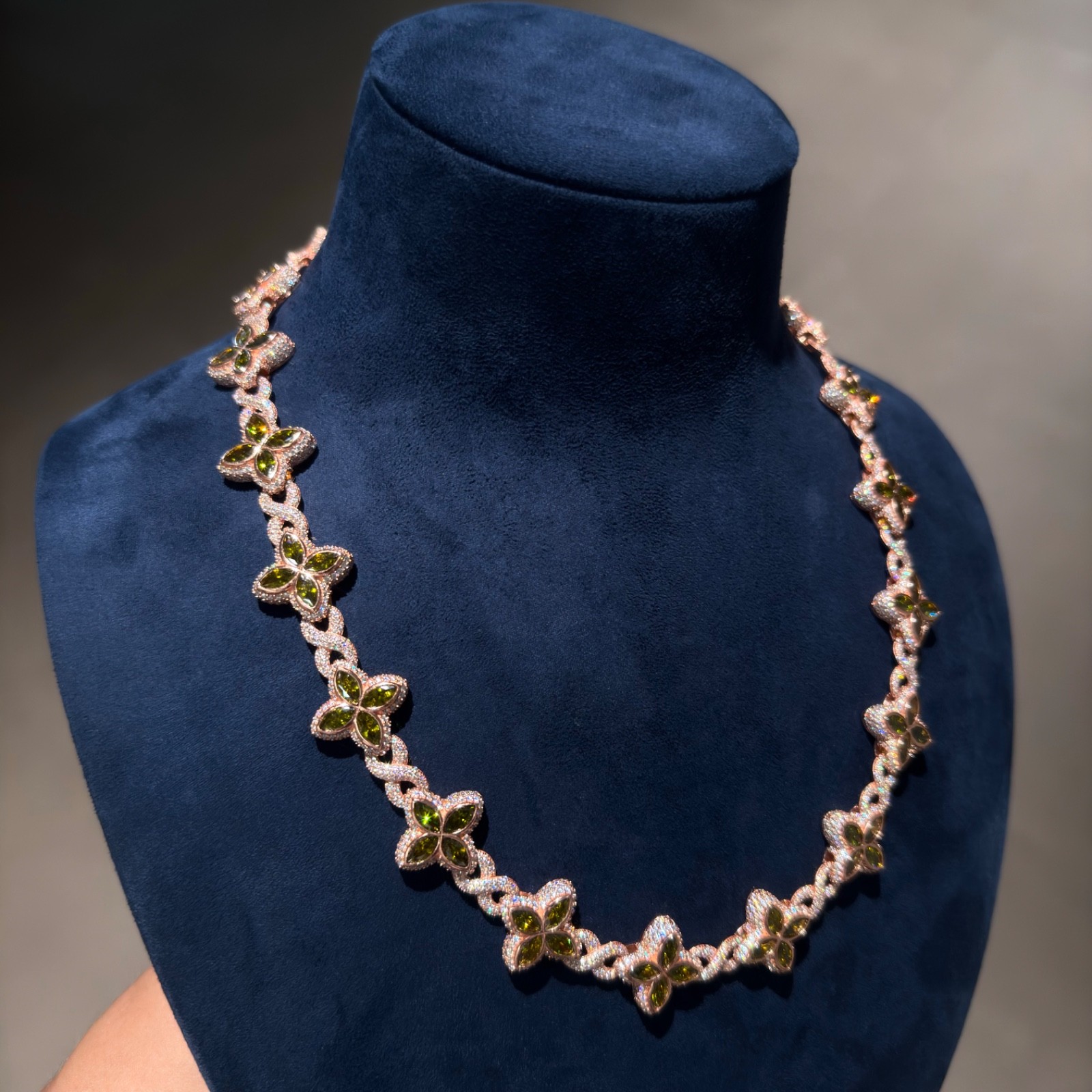 Moissanite Flower Chain 925 Silver 14K RoseGold Olive Green VVS Iced Out 22″ GRA