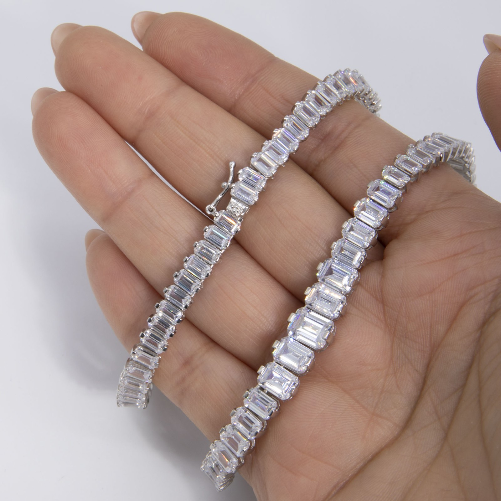 Graduated Baguette Tennis Chain Necklace Real Sterling Silver 925 16″ 18″