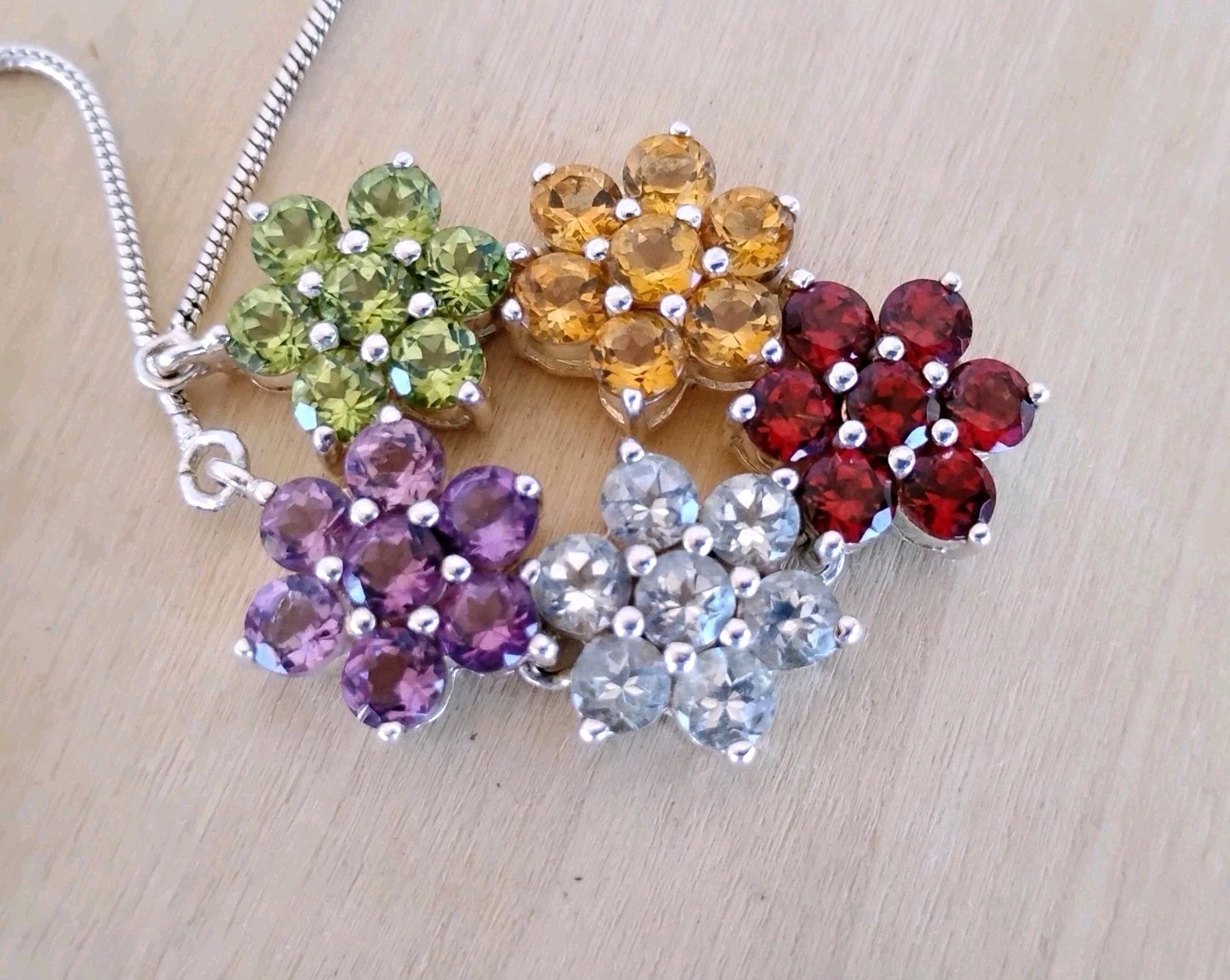 Thai Sterling Silver 925 Multi-Gem Floral Necklace Garnet Amethyst Topaz 20.5″