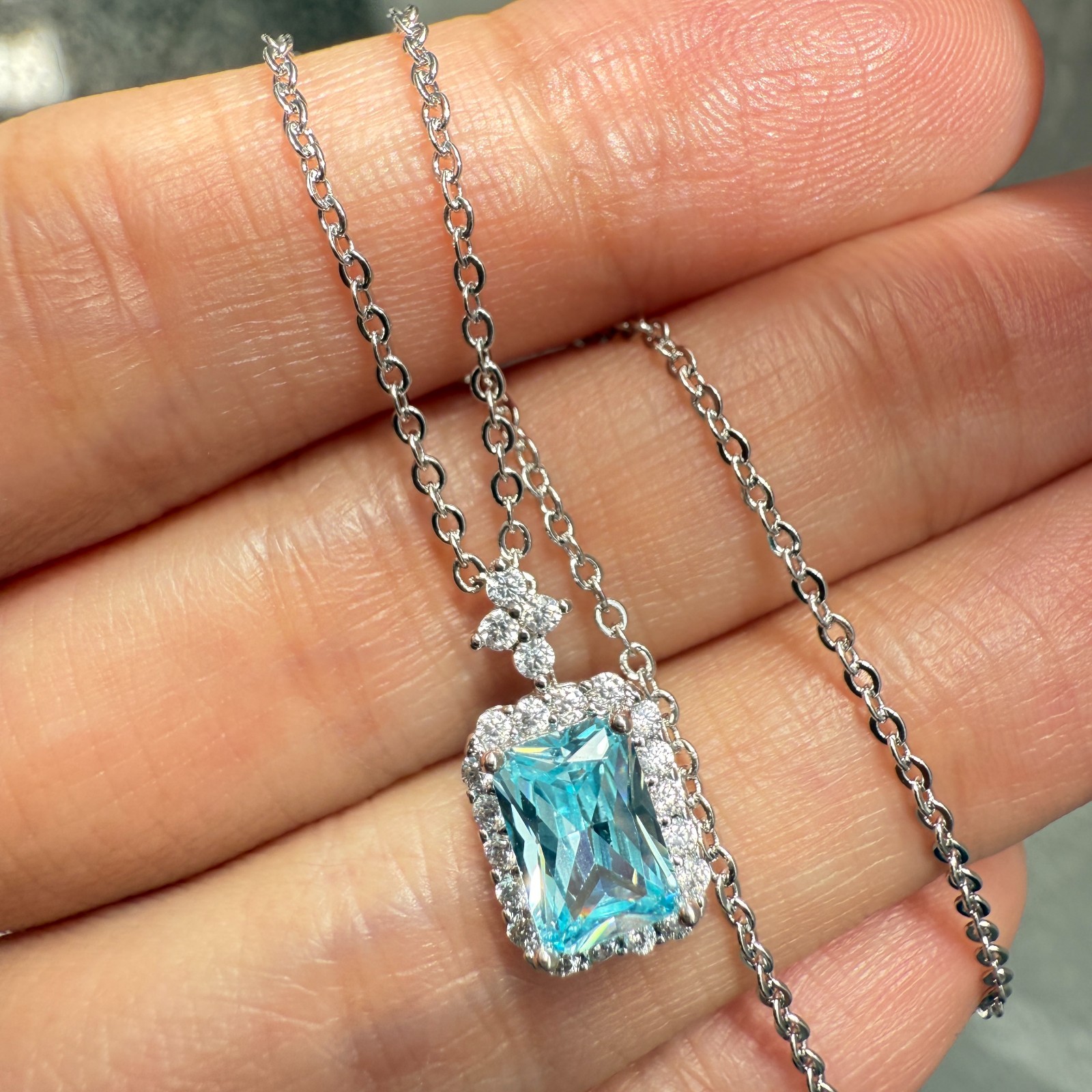925 Sterling Silver Necklace 7x5mm Natural Aquamarine Birthstone Flower Chain